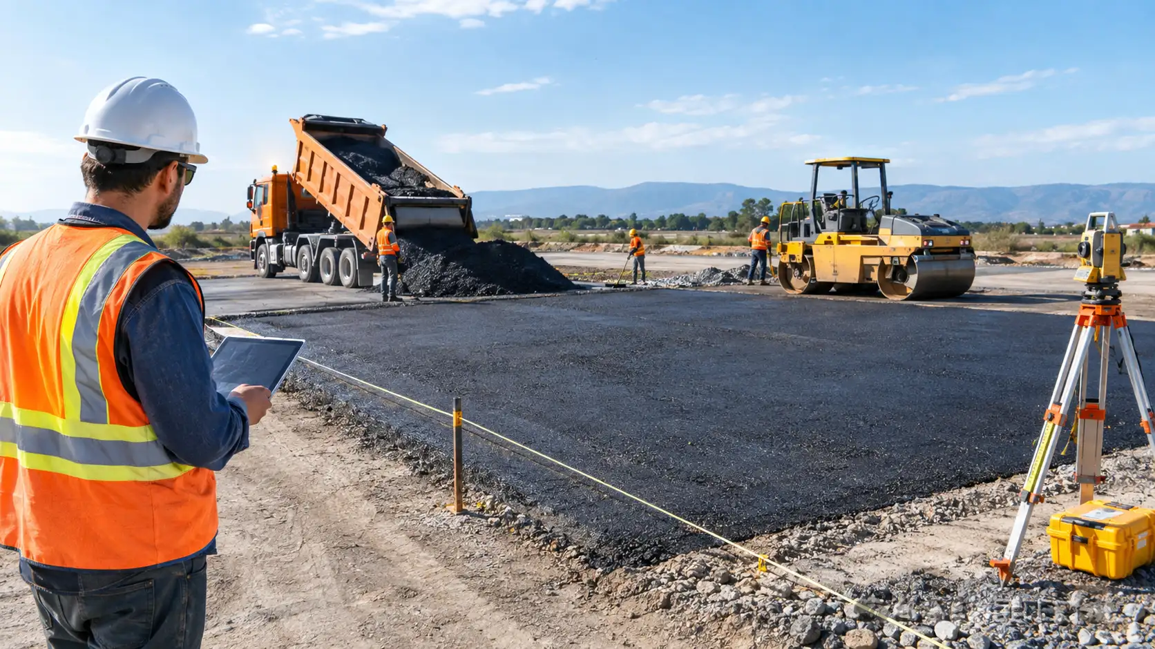 Asphalt and bitumen quantity estimation — engineer calculating mix tonnage and binder content for a road pavement project