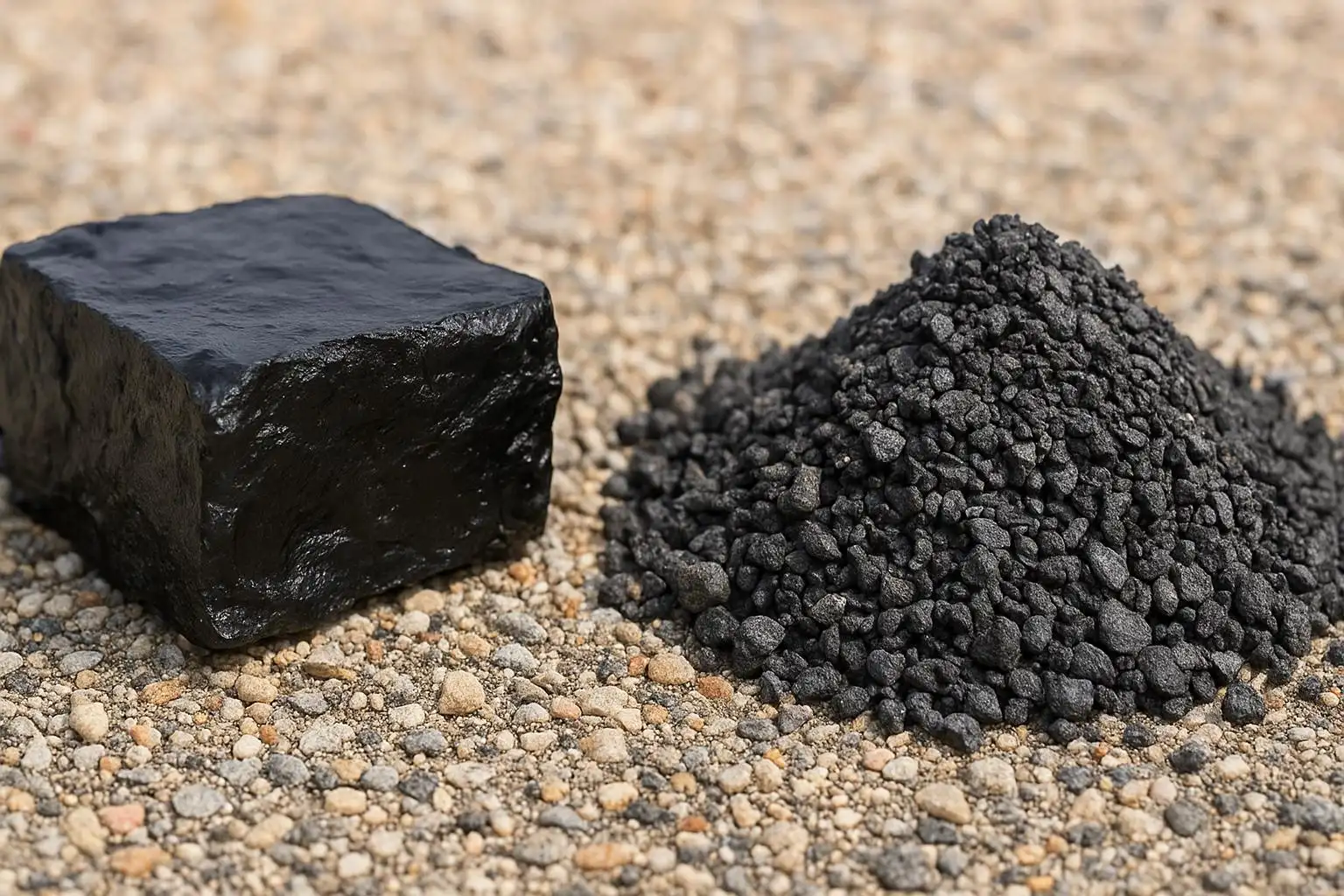 Materials comparison between asphalt paving mix, bitumen binder, tar, and concrete