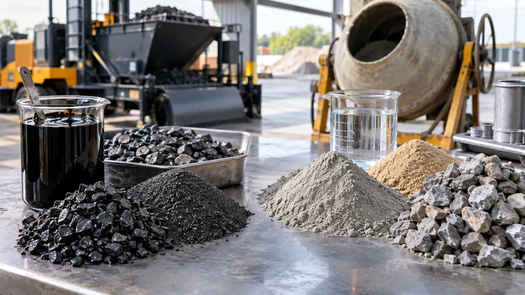 Asphalt and concrete material composition comparison — aggregate and bitumen binder versus cement, water, and sand