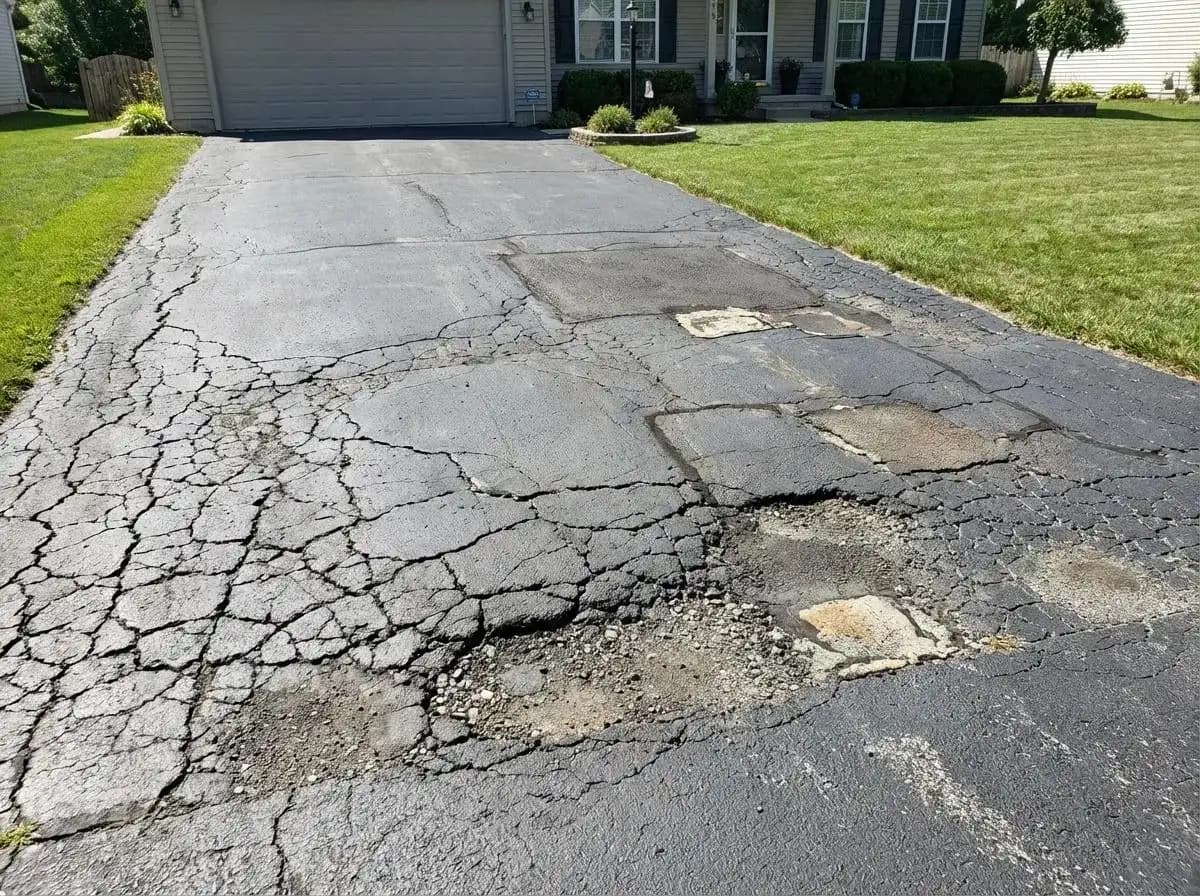 Types of asphalt driveway damage — hairline cracks, medium cracks, wide cracks, potholes, and alligator cracking