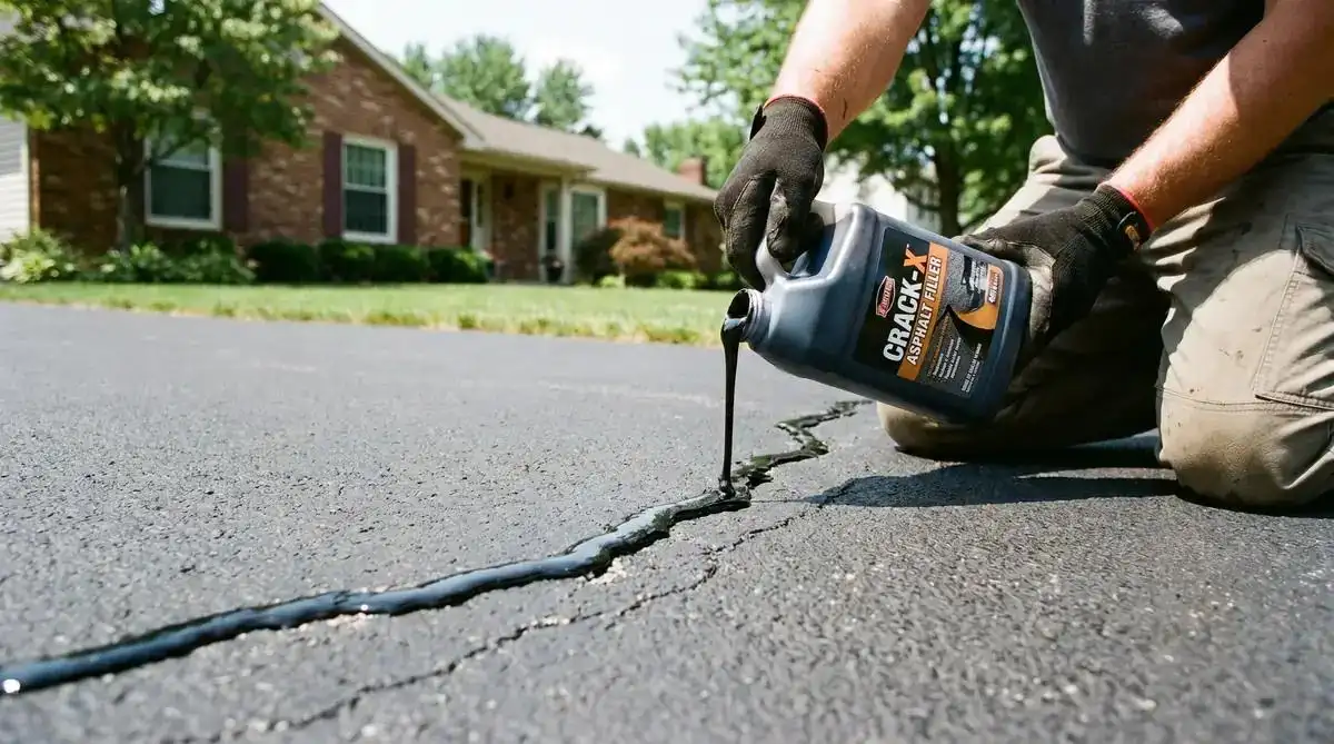 Applying cold-pour crack filler to asphalt driveway crack — cleaning, drying, and filling steps