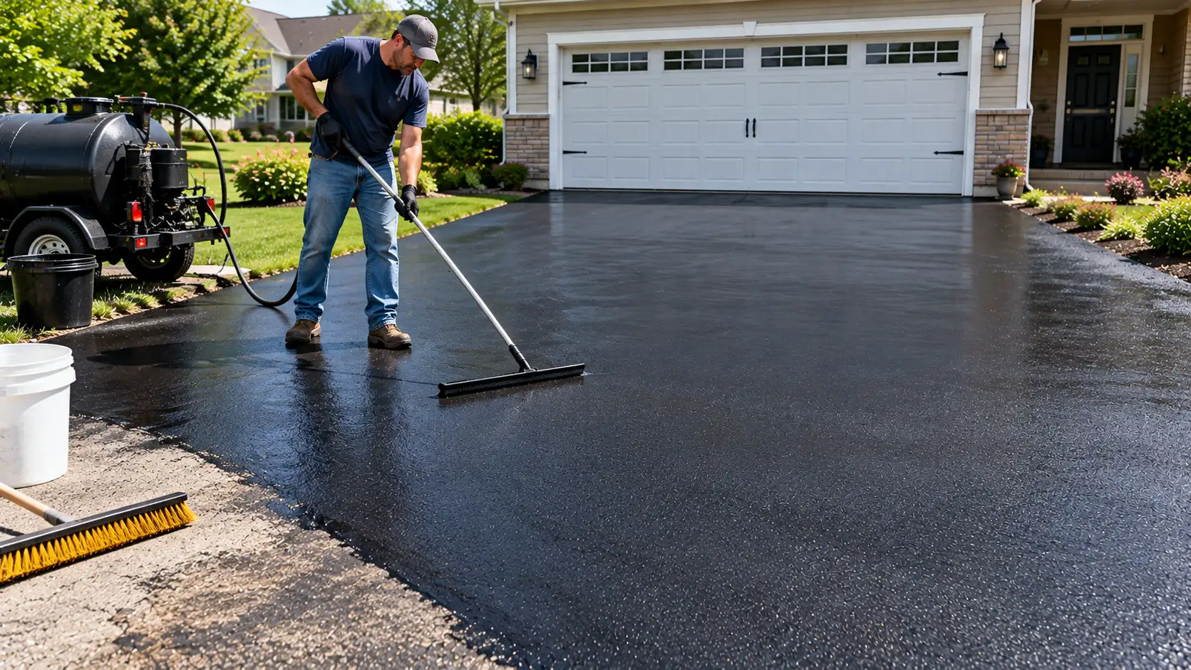 Protective sealcoat layer on asphalt driveway shielding pavement from oil spills