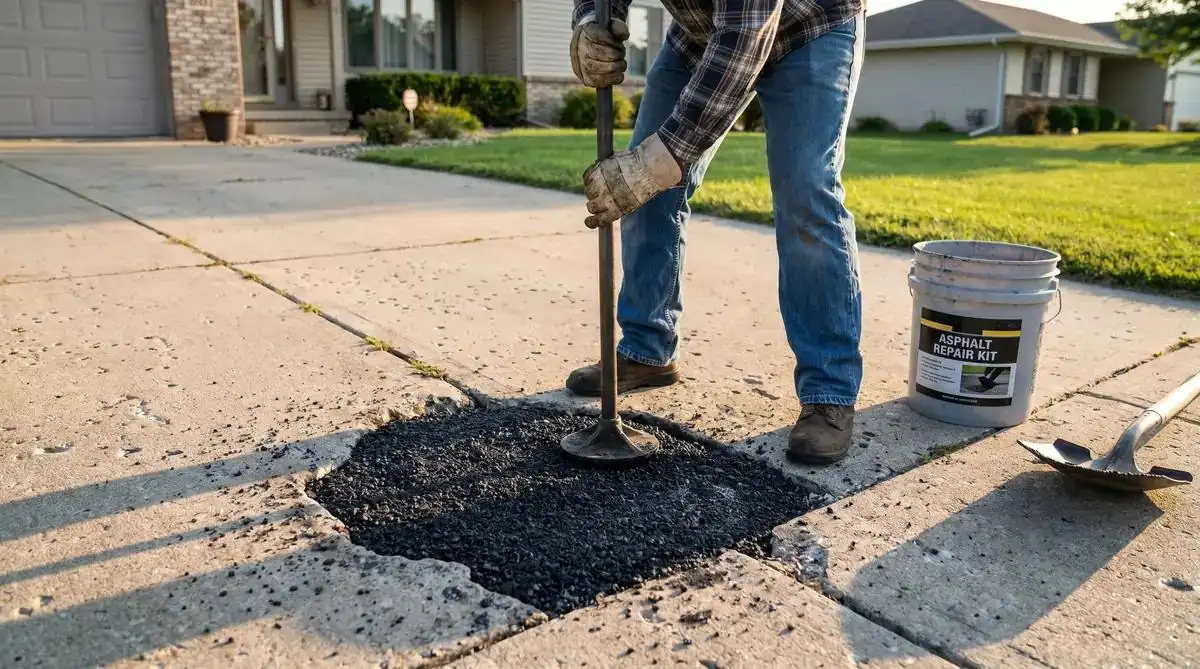 Asphalt driveway pothole repair with cold patch — cleaning, squaring edges, filling, and compacting