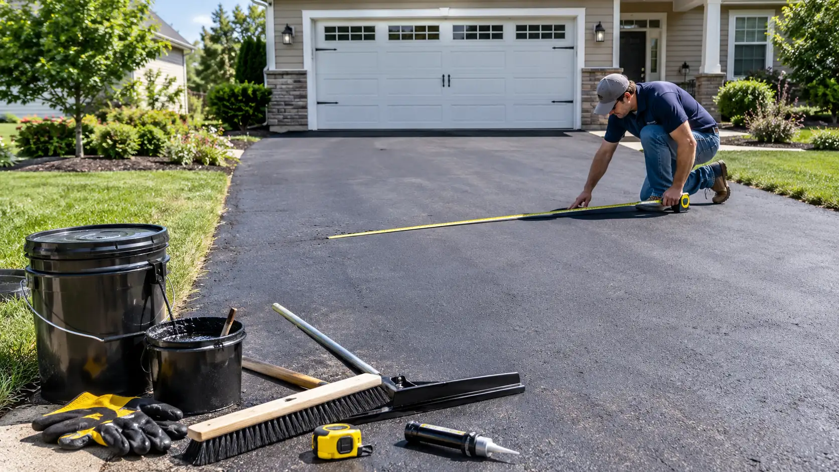 Asphalt driveway sealcoating cost estimate — comparing DIY and professional contractor pricing per square foot