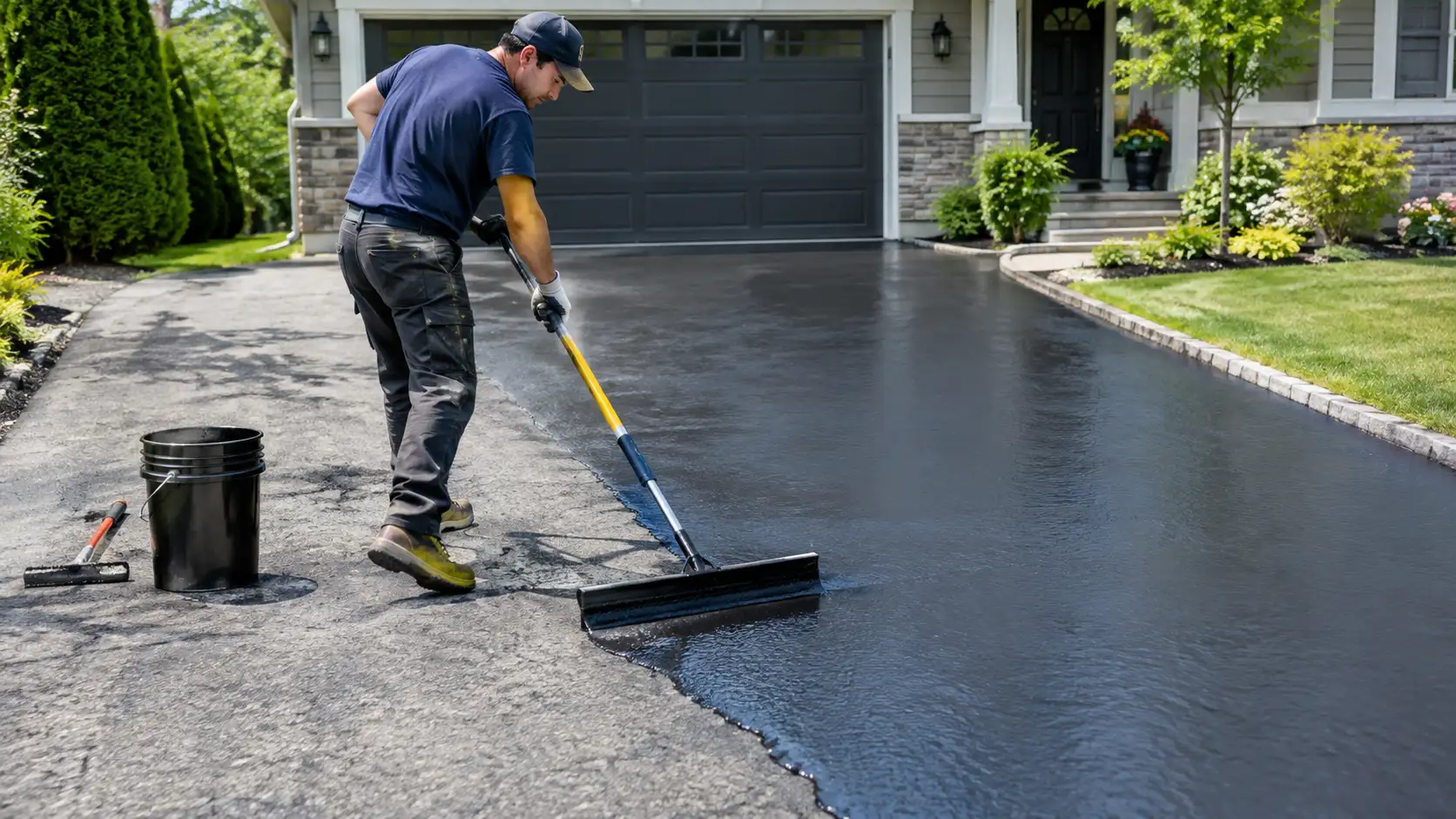 Asphalt driveway sealcoating — fresh sealcoat applied on residential driveway for UV and water protection