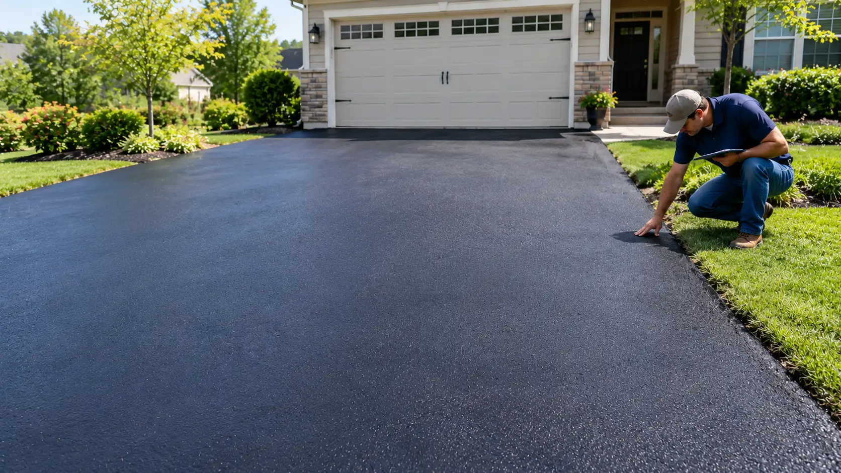 Asphalt driveway long-term maintenance and sealcoating results — well-maintained sealed surface versus cracked neglected driveway