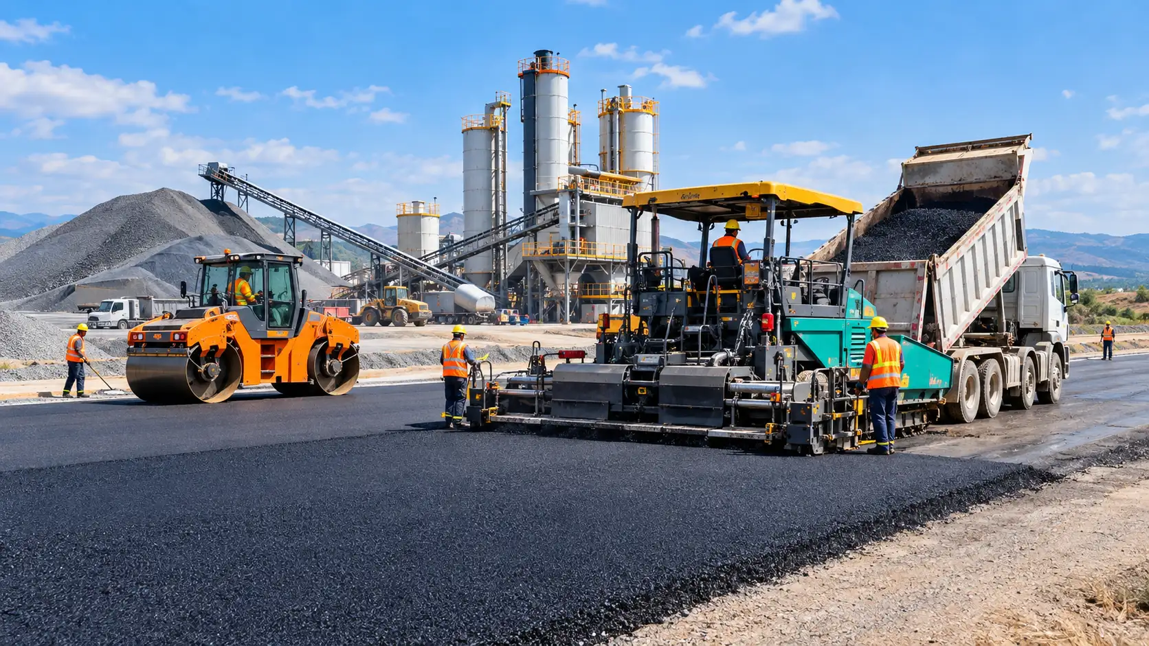 Asphalt mixing plant, paver, and roller — showing the complete process of producing and laying hot mix asphalt on a road