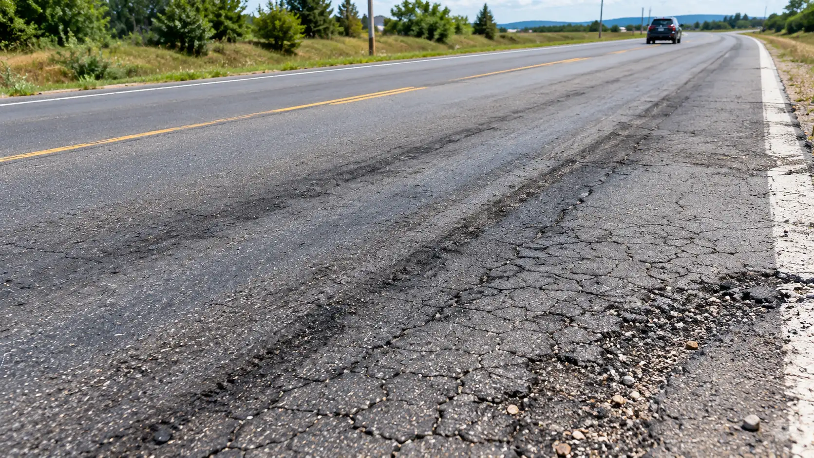 Asphalt pavement rutting and fatigue cracking failure — showing wheel path deformation and interconnected crack patterns on a road surface