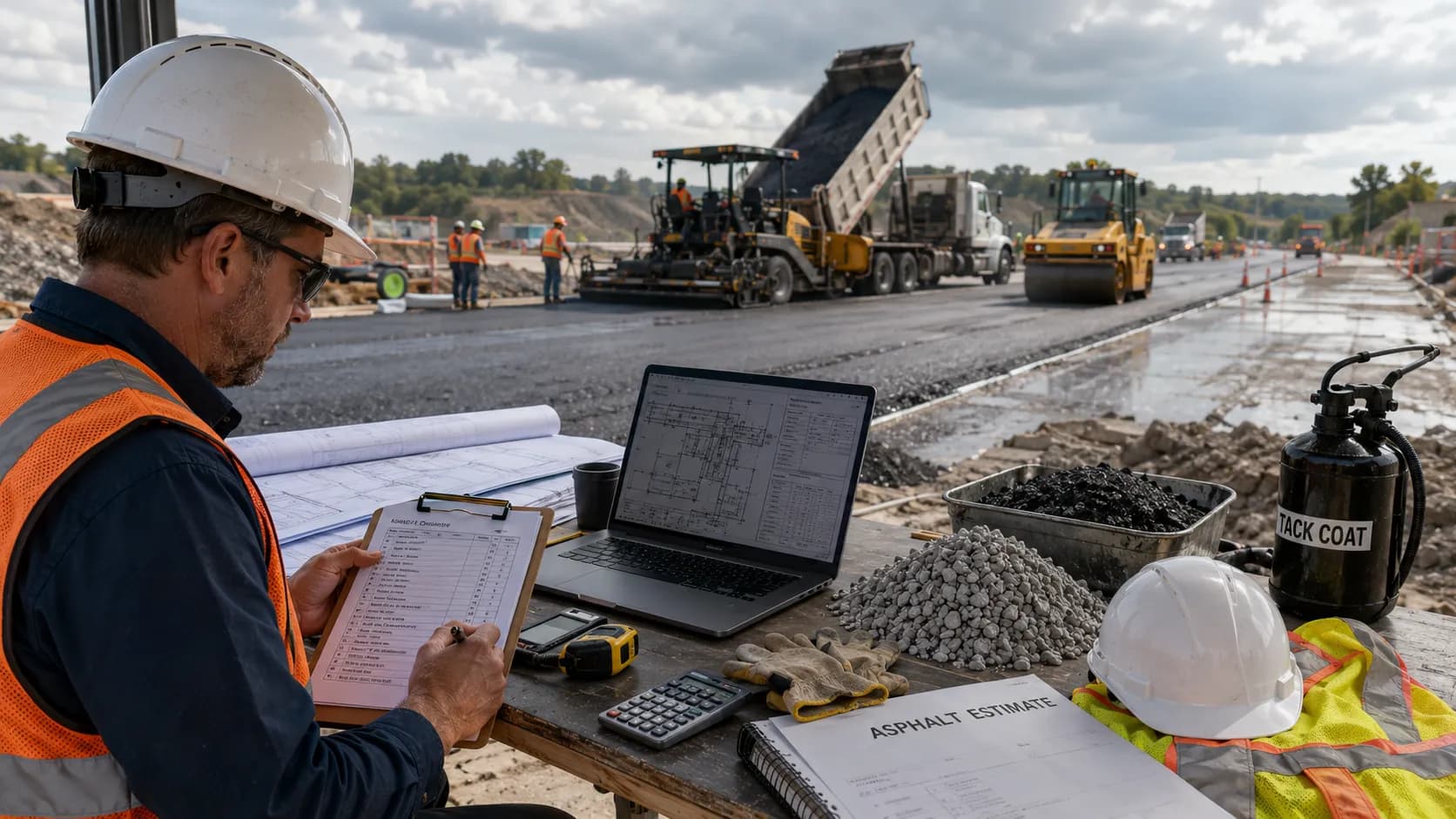 Asphalt project cost estimation showing material costs, secondary materials, and contingency allowance breakdown