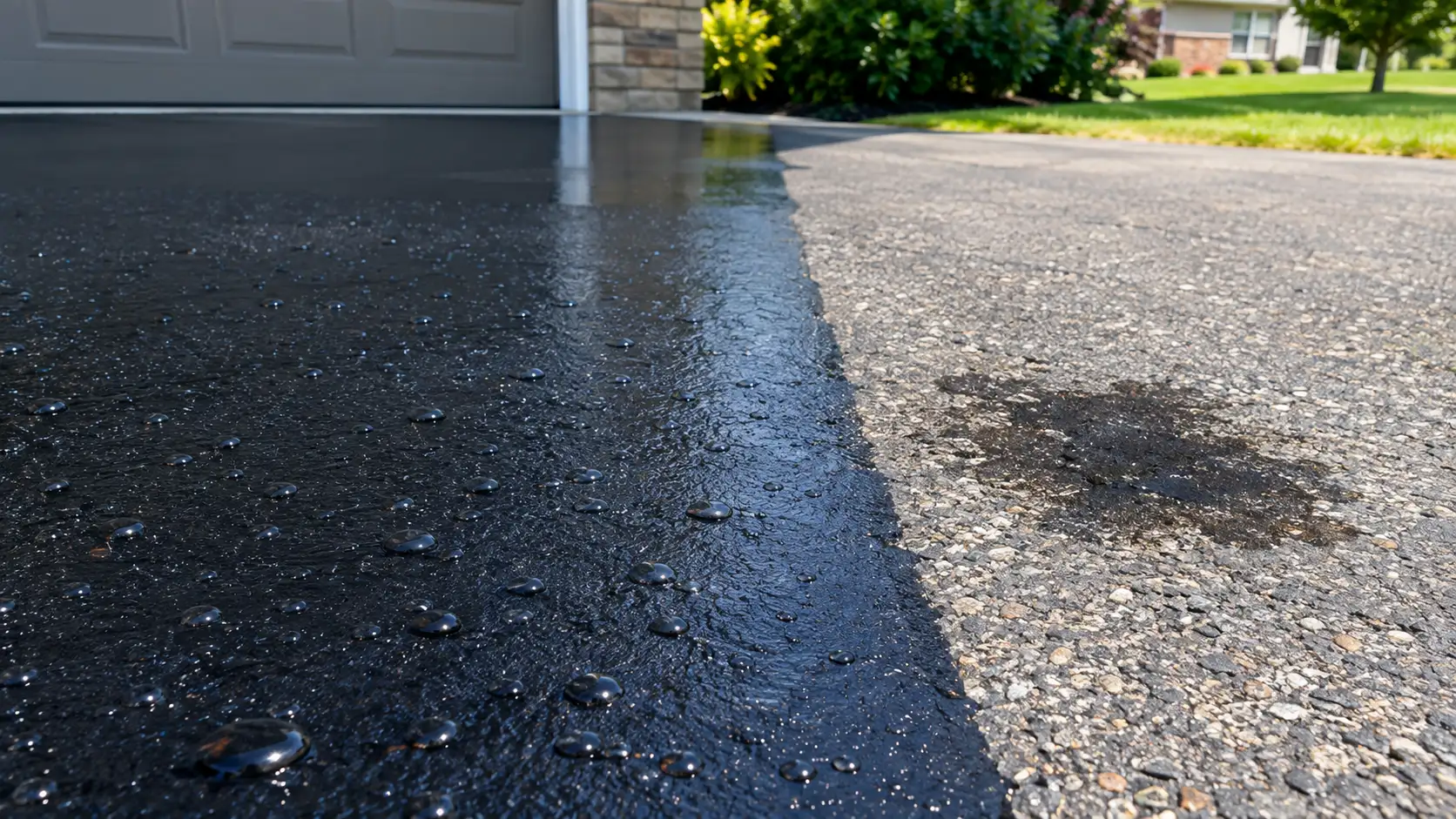 Asphalt sealcoating protection against UV rays, water infiltration, and oil damage on a residential driveway surface