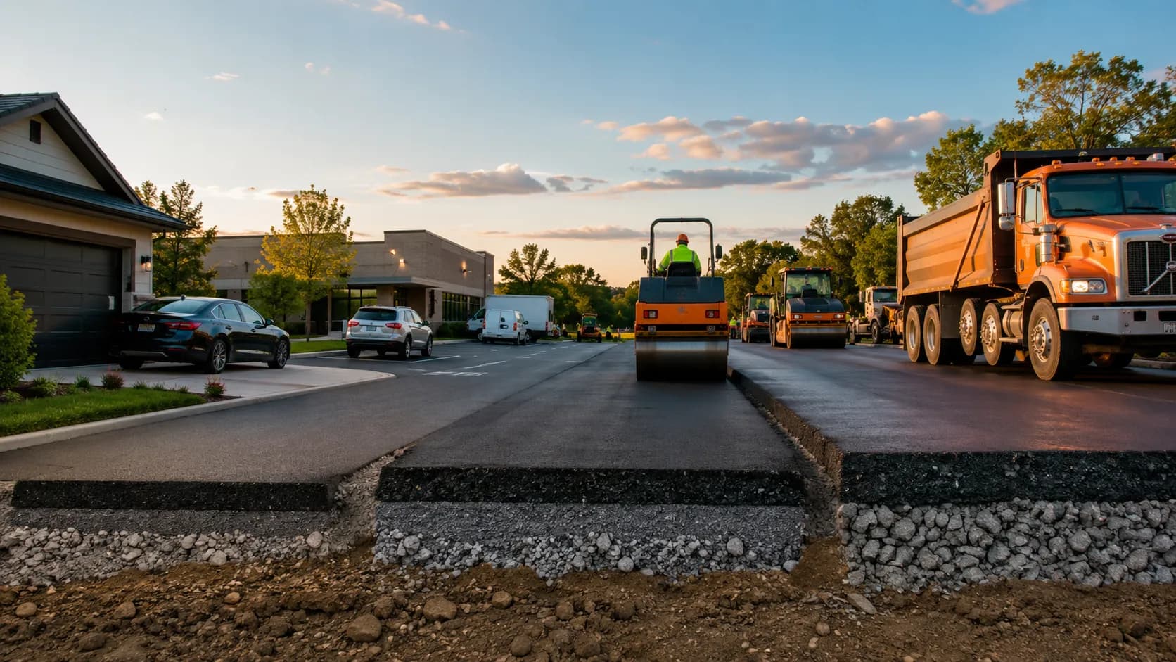 Asphalt thickness guide for driveways, roads, and parking lots showing different pavement applications