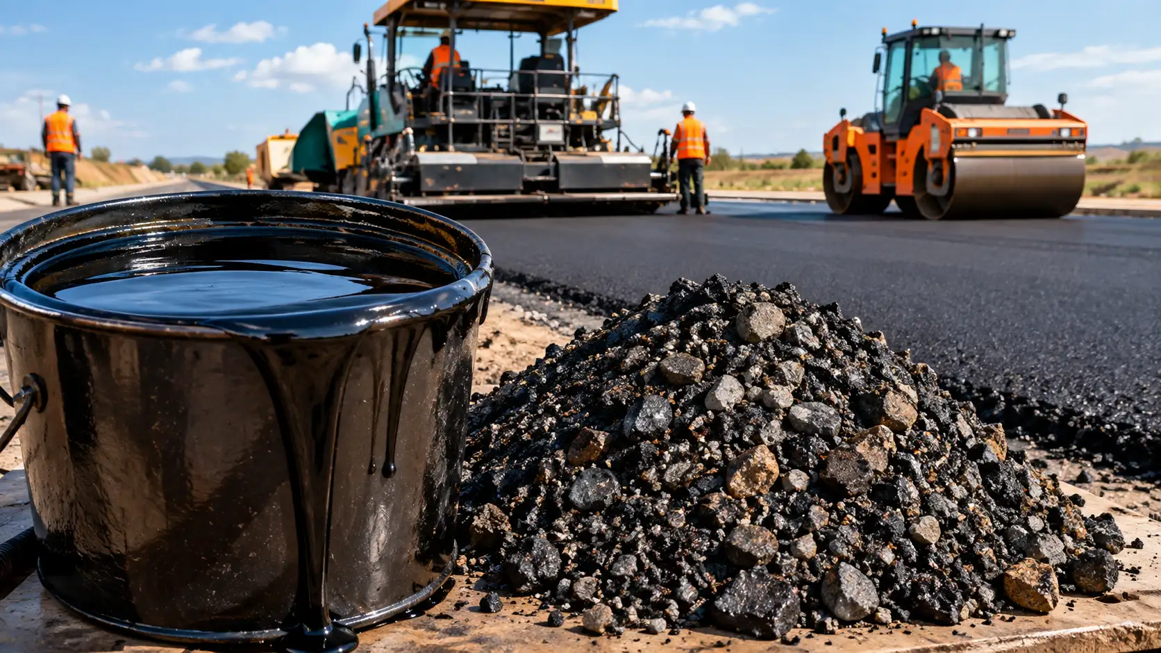 Asphalt vs bitumen comparison — bitumen binder on the left versus compacted asphalt pavement mix on the right