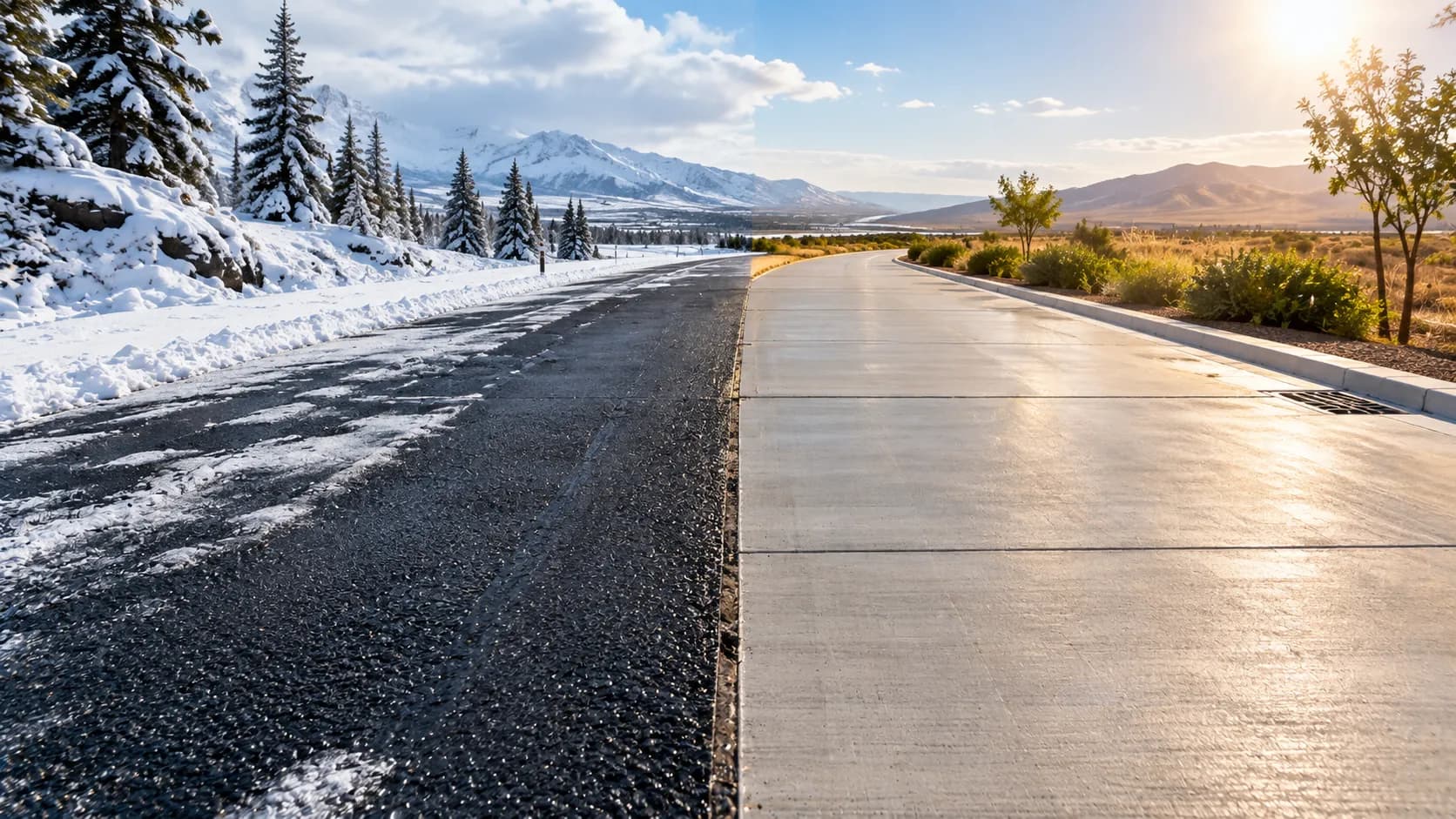 Asphalt vs concrete climate performance — freeze-thaw cold weather versus extreme heat resistance comparison