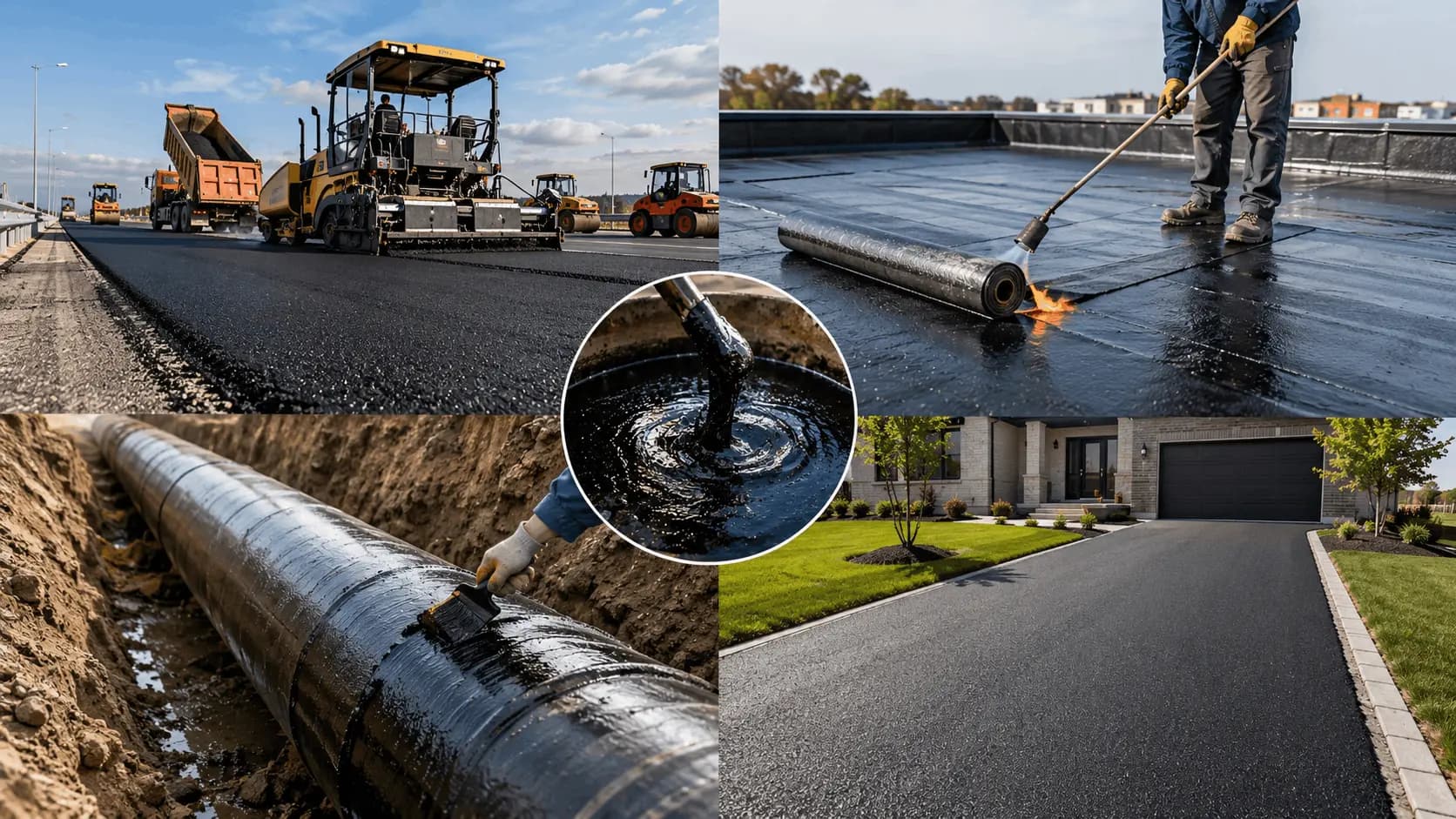 Bitumen applications — roads, roofing, waterproofing, industrial pipe coatings