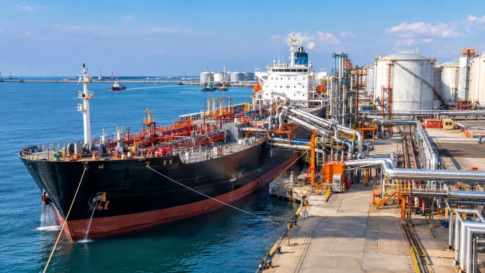 Bitumen carrier ship with insulated heated cargo tanks transporting hot liquid bitumen at up to 250 degrees Celsius for overseas export