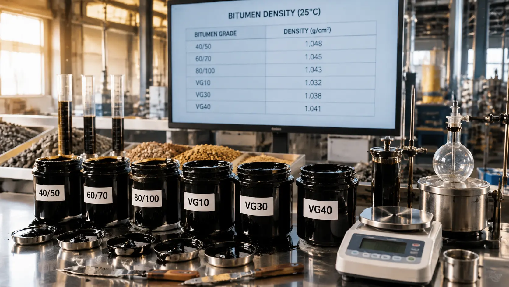 Bitumen density chart — density values by grade and temperature