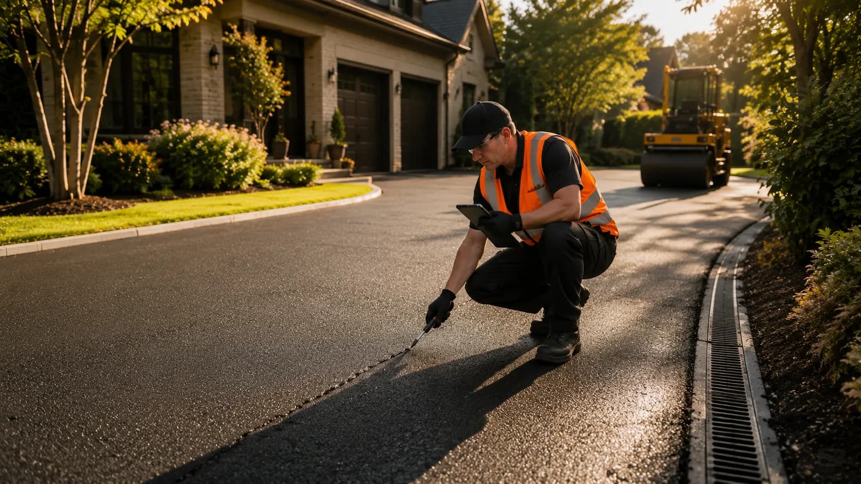 Bitumen driveway installation, maintenance, and lifespan — showing sealing, crack repair, and resurfacing stages over the 15–25 year driveway lifecycle