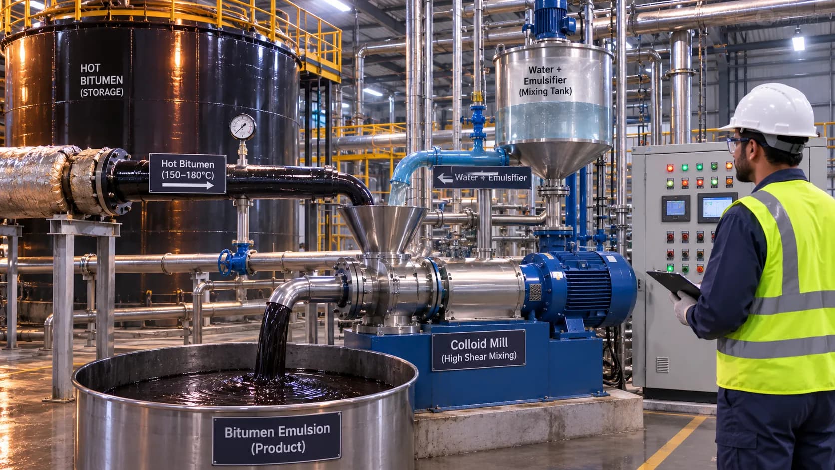 Bitumen emulsion colloid mill production — high-speed rotor shearing bitumen into microscopic droplets