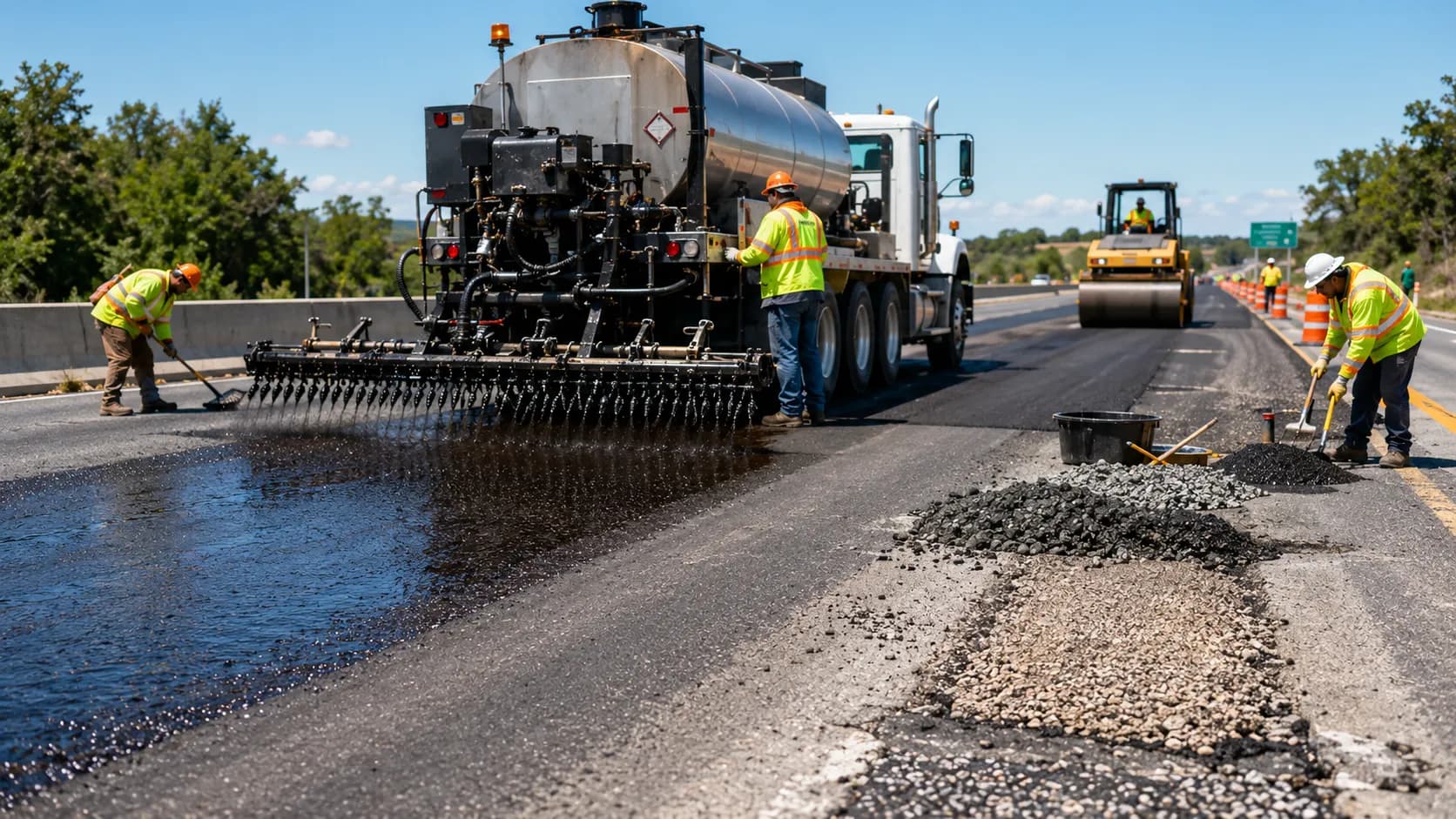 Bitumen emulsion road applications — tack coat, prime coat, chip seal, and cold mix asphalt construction