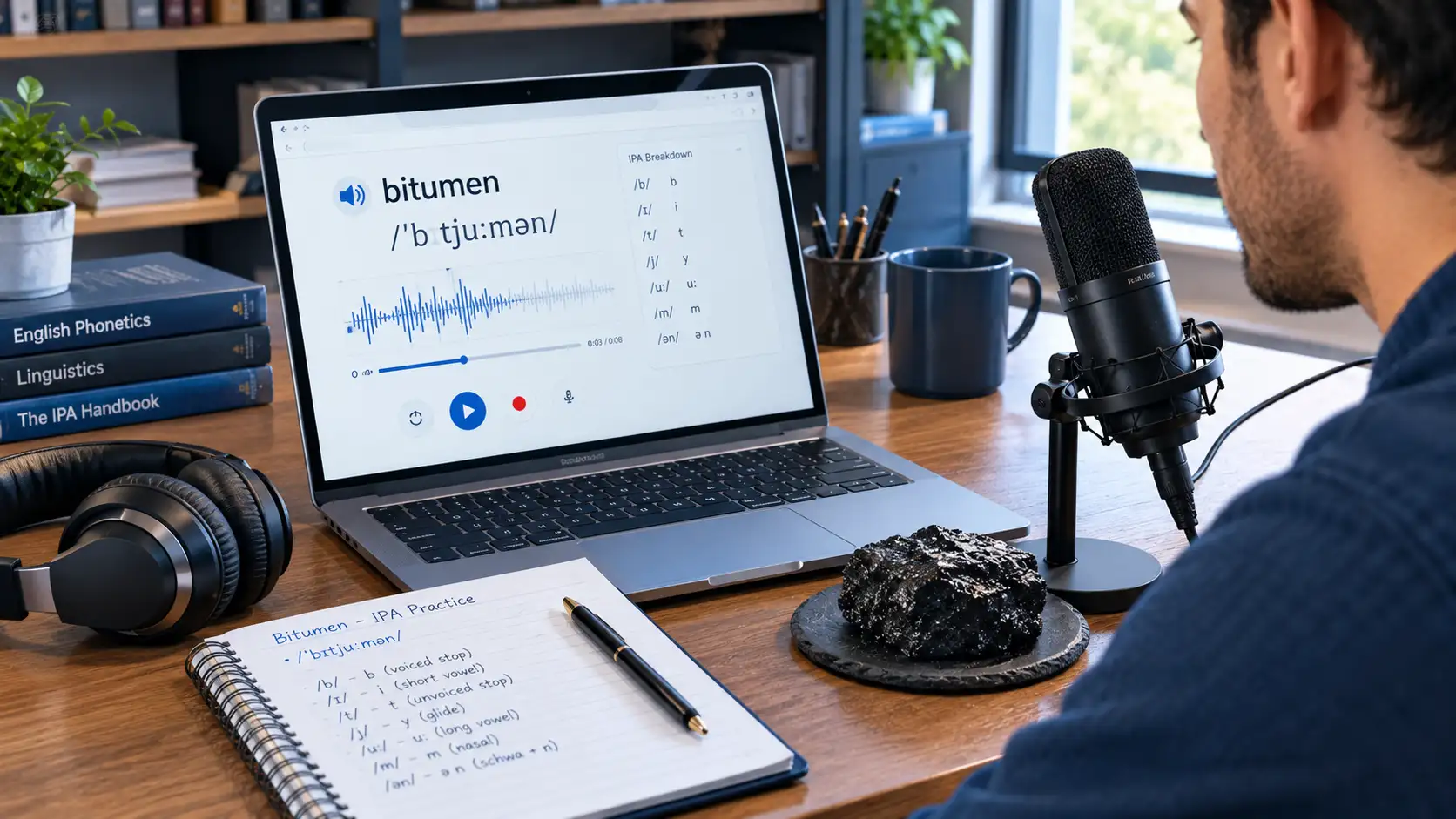 Bitumen IPA pronunciation sounds breakdown — showing each phoneme for British and American English