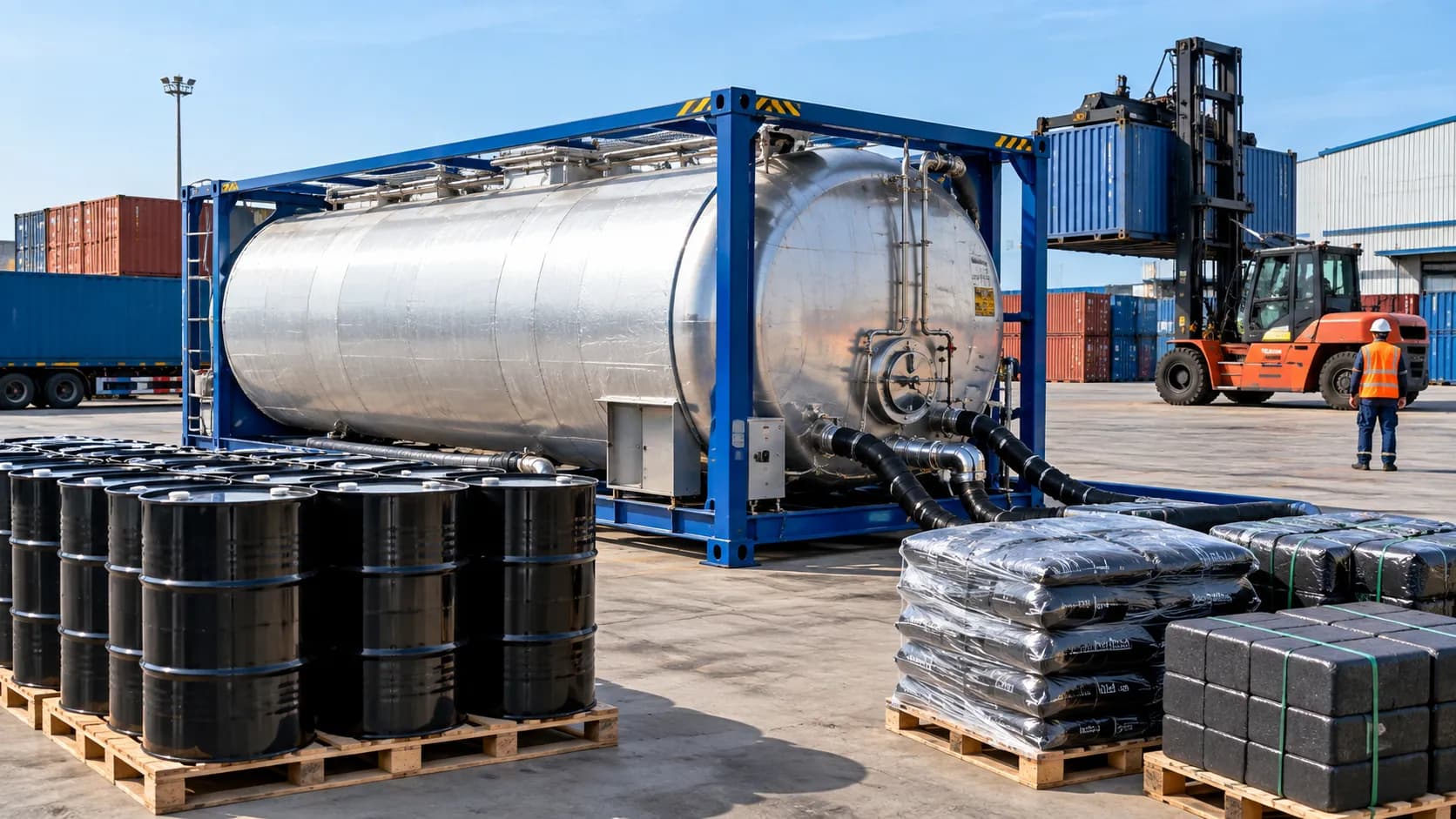 Bitumen ISO tank container and steel drums for cold packaging — comparing bulk heated transport versus small-volume cold delivery options