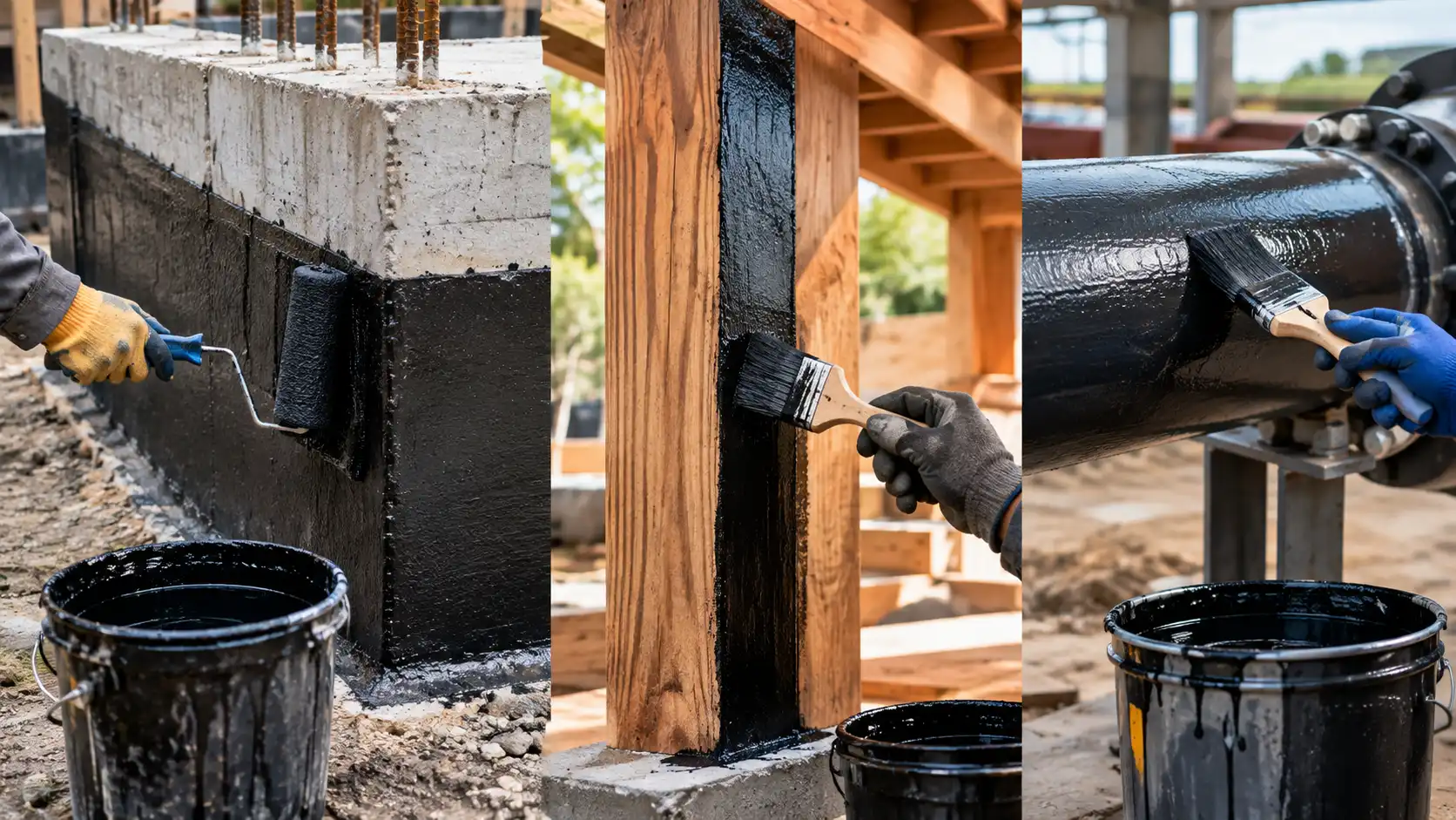 Bitumen paint protection for concrete, wood, and steel — black waterproofing coating applied to multiple building materials showing corrosion and moisture barrier