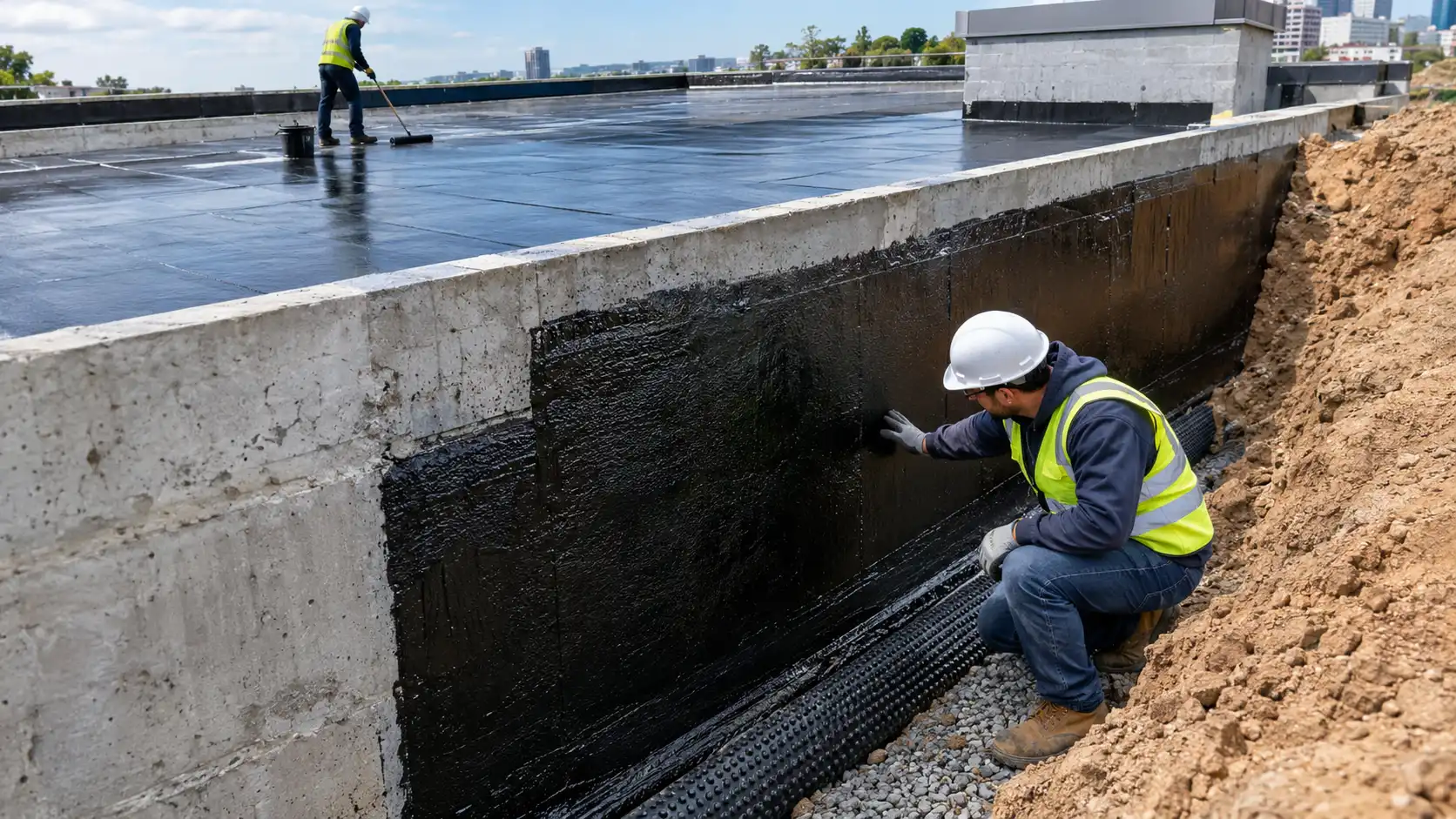 Bitumen paint foundation waterproofing — black bituminous coating applied to concrete foundation wall exterior before backfilling to prevent ground moisture ingress