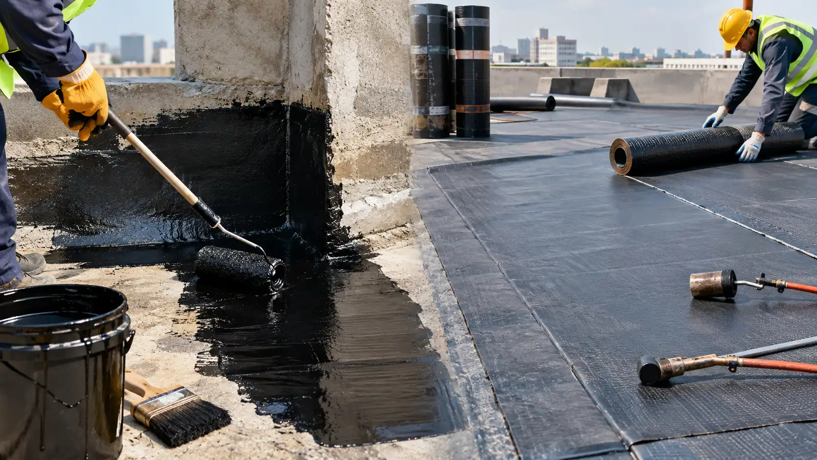 Bitumen paint vs bitumen membrane comparison — liquid brush-on waterproofing coating versus reinforced sheet membrane for roofing and foundation waterproofing