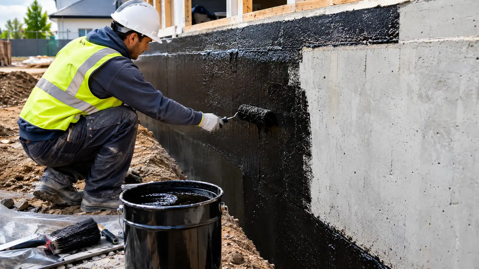 Bitumen paint waterproofing coating — black bituminous paint applied to concrete foundation, steel, and wood surfaces for moisture and corrosion protection