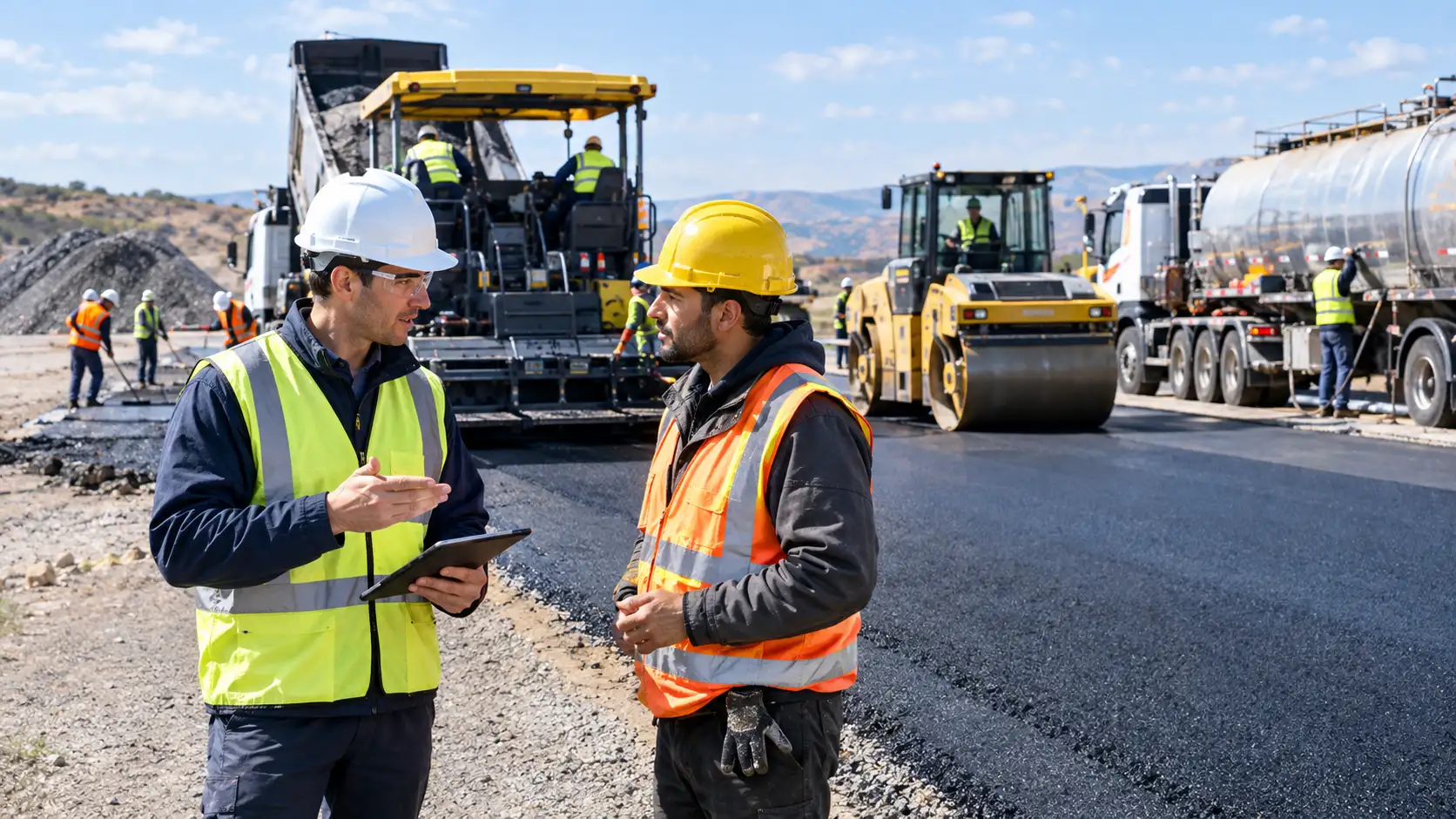 Bitumen pronunciation on a construction job site — contractor and engineer discussing paving materials where either British or American pronunciation is used naturally