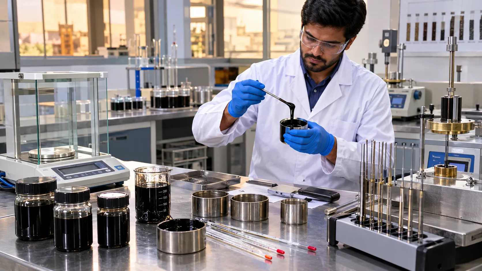 Bitumen quality tests in a laboratory — technician running penetration, viscosity, ductility, and softening point tests on a bitumen sample