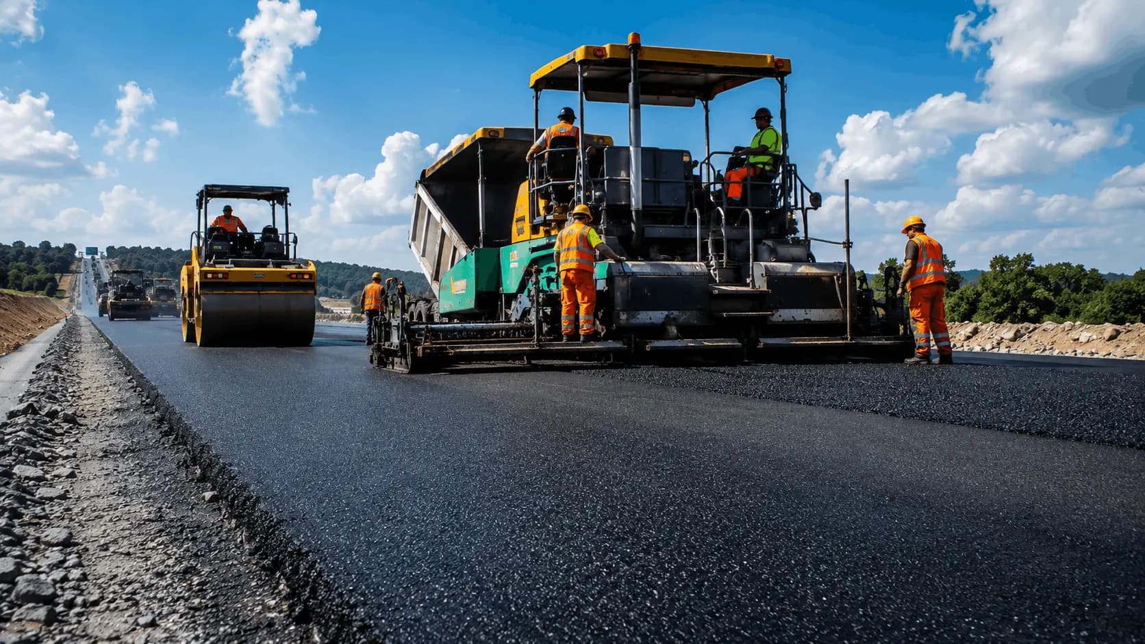 Bitumen road construction — paving, compacting, and laying asphalt surface