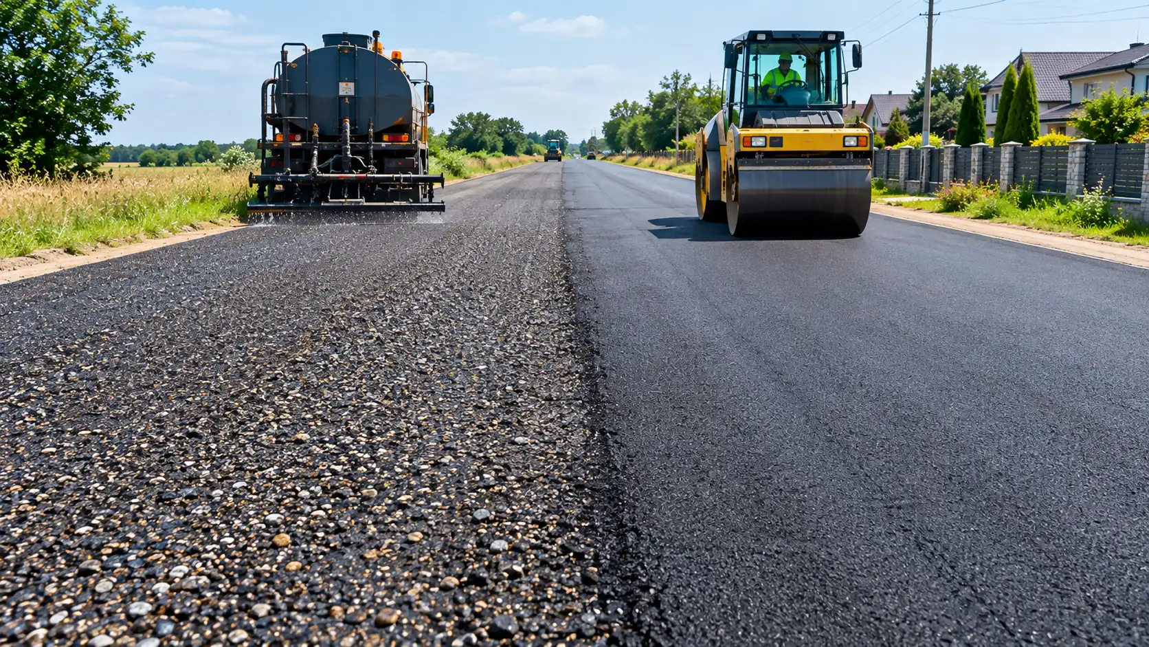 Bitumen sprayed seal versus asphalt pavement comparison — thin chip seal on a rural road versus thick compacted asphalt on a highway