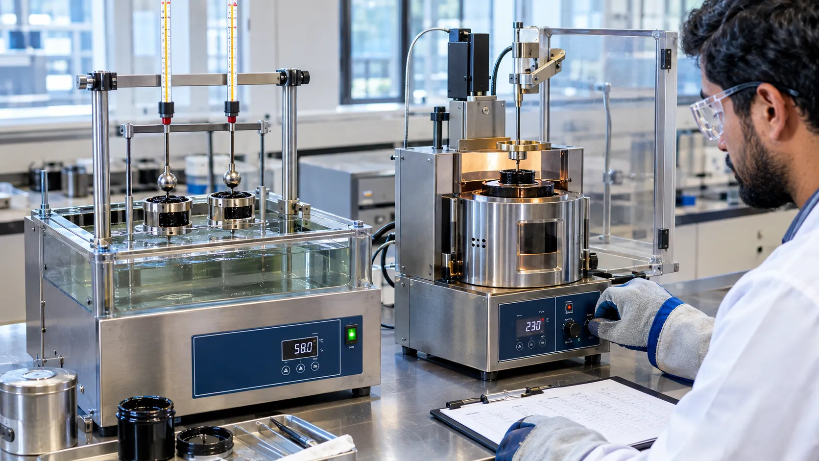 Bitumen softening point Ring-and-Ball test and Cleveland Open Cup flash point test apparatus for fire safety