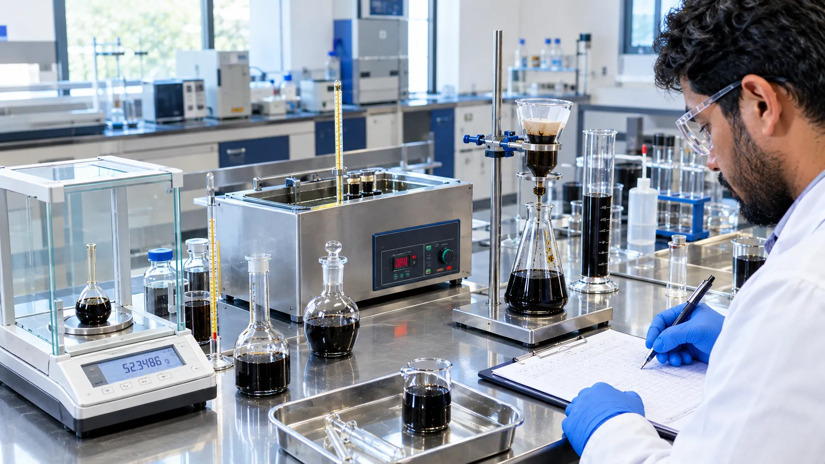 Bitumen specific gravity pycnometer test and solubility trichloroethylene dissolution and filtering of bitumen sample for purity check