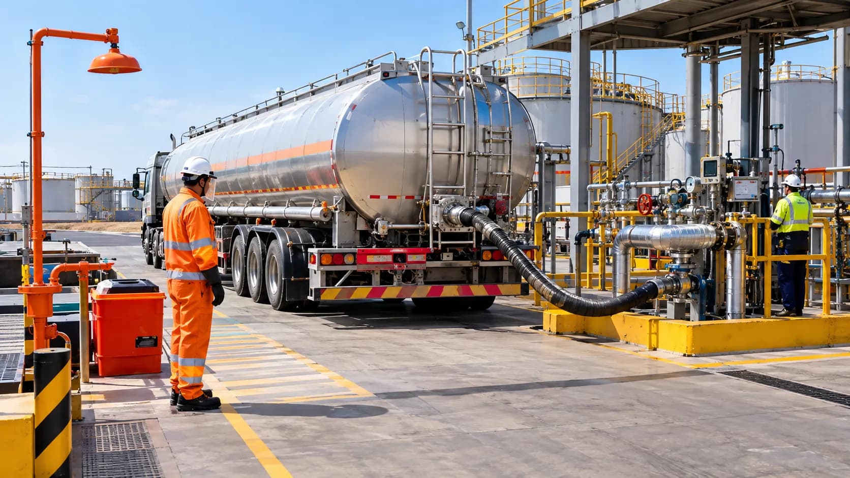 Bitumen transport safety — worker wearing full PPE with heat-resistant gloves, face shield and protective clothing during hot bitumen tanker unloading