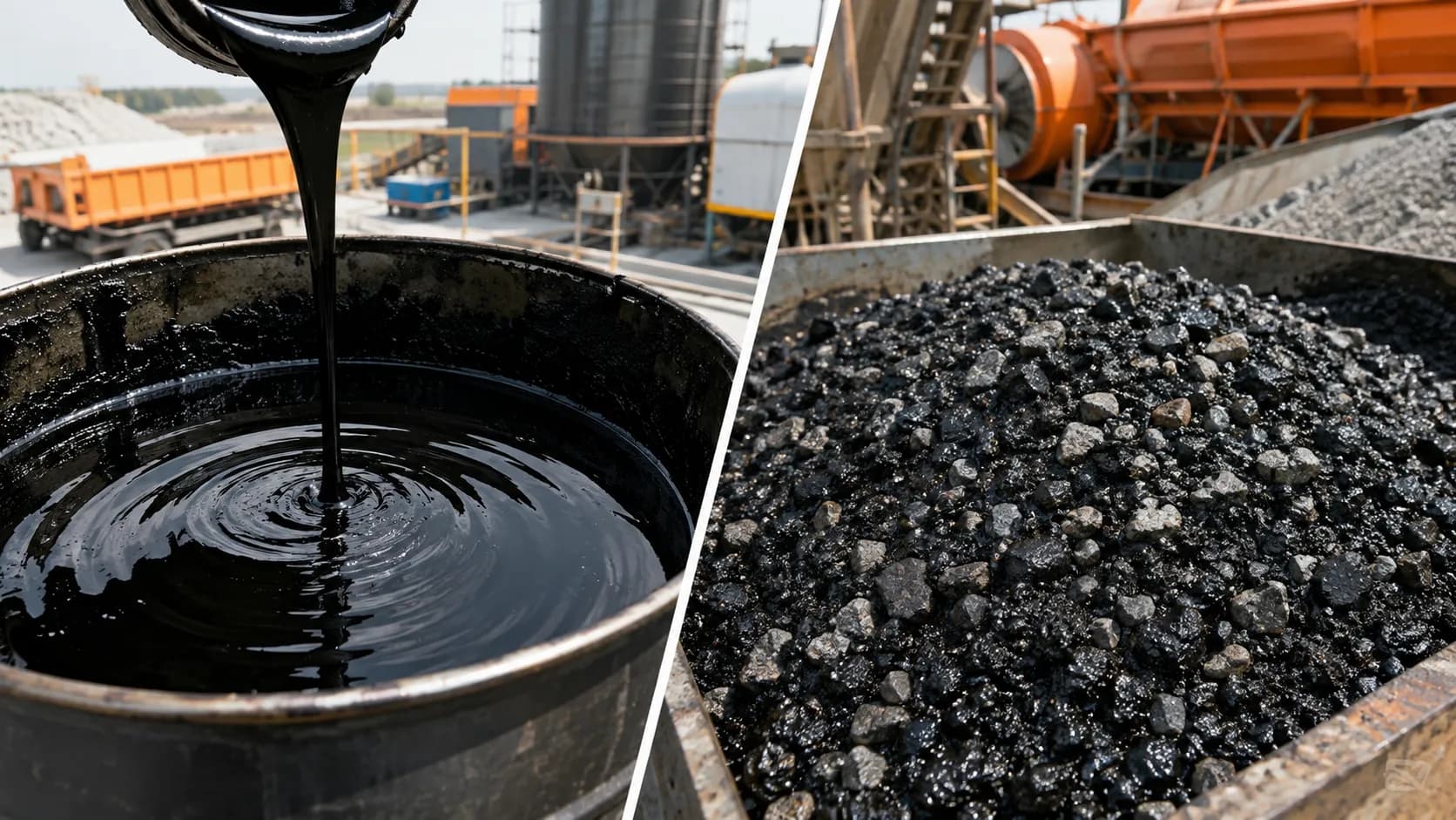 Bitumen vs asphalt hot mix comparison — showing how bitumen binder and hot mix asphalt differ in composition and regional terminology