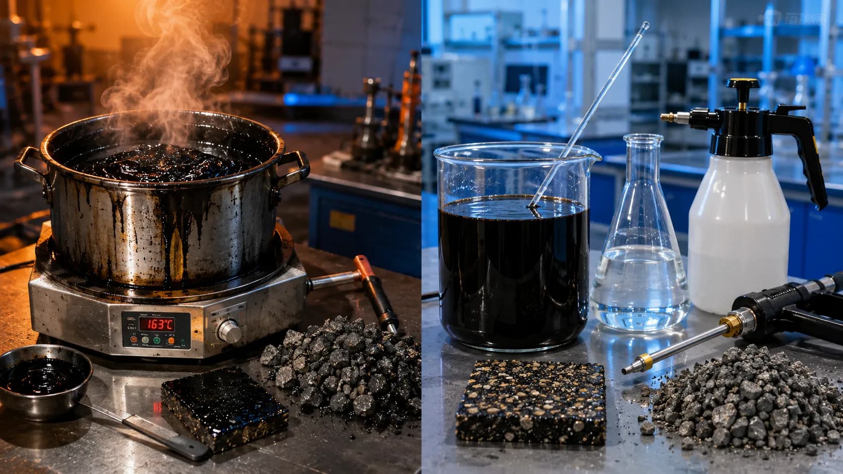 Bitumen vs bitumen emulsion — side-by-side comparison of solid hot binder and cold water-based emulsion