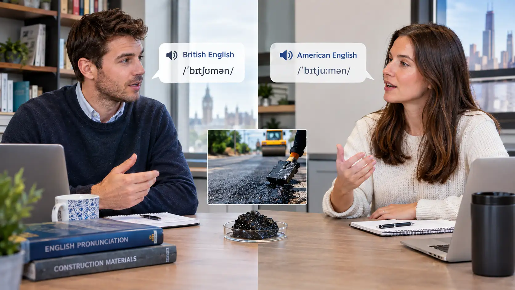 British versus American bitumen pronunciation comparison — BICH-uh-mun versus buh-TOO-mun side by side with IPA notation