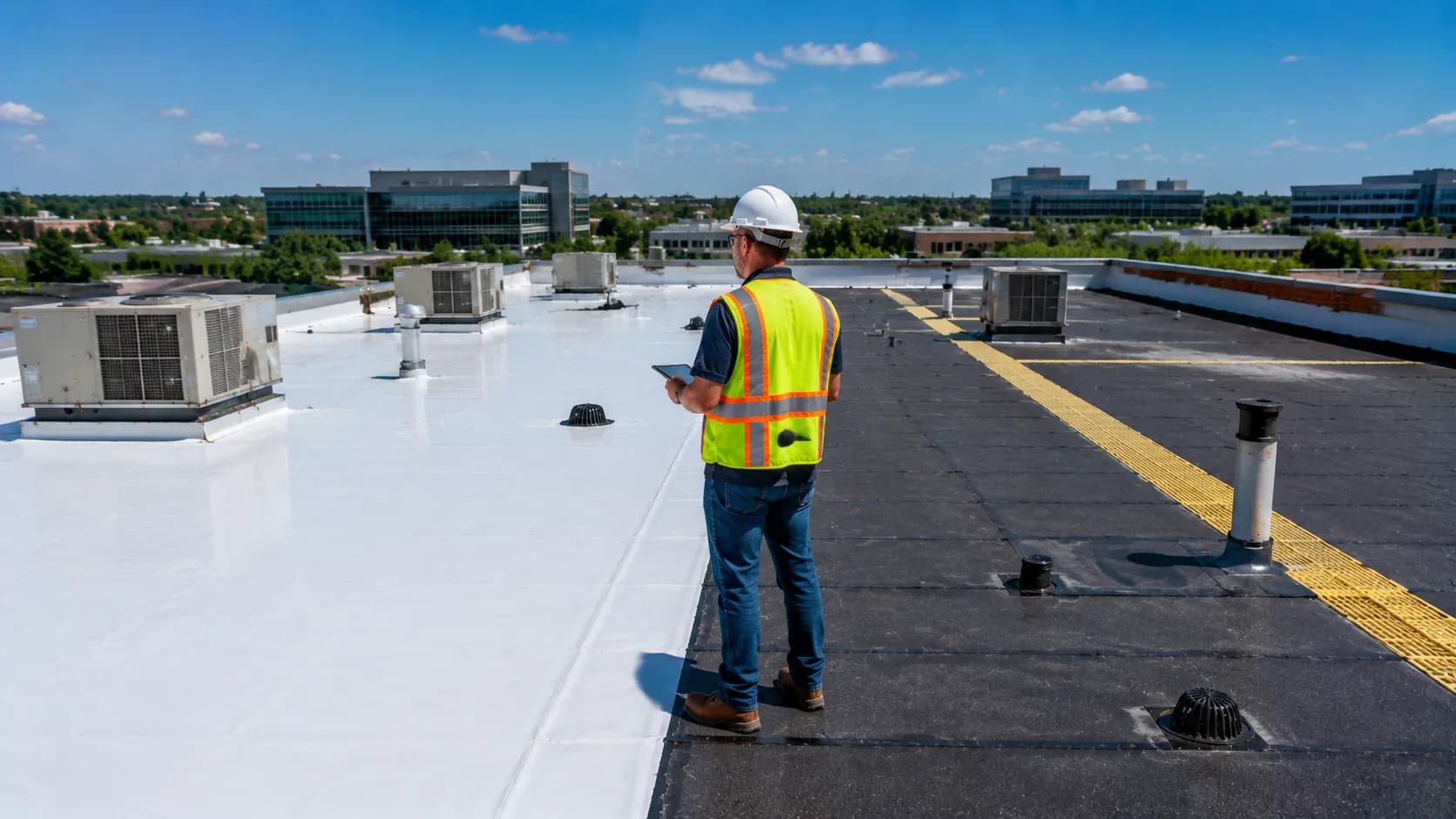 Building owner choosing between TPO and Modified Bitumen roofing samples