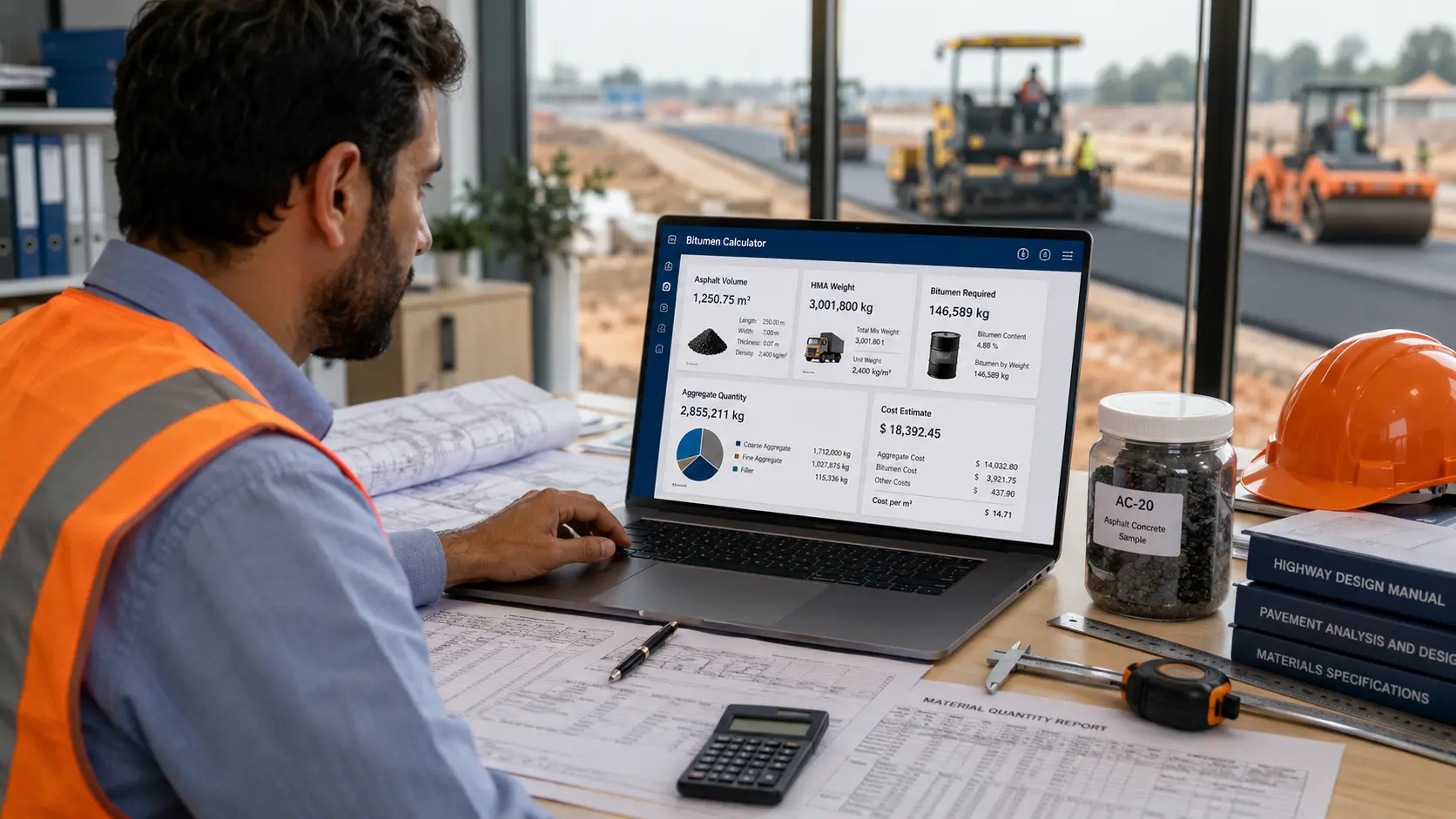 Civil engineer using bitumen calculator for pavement estimation