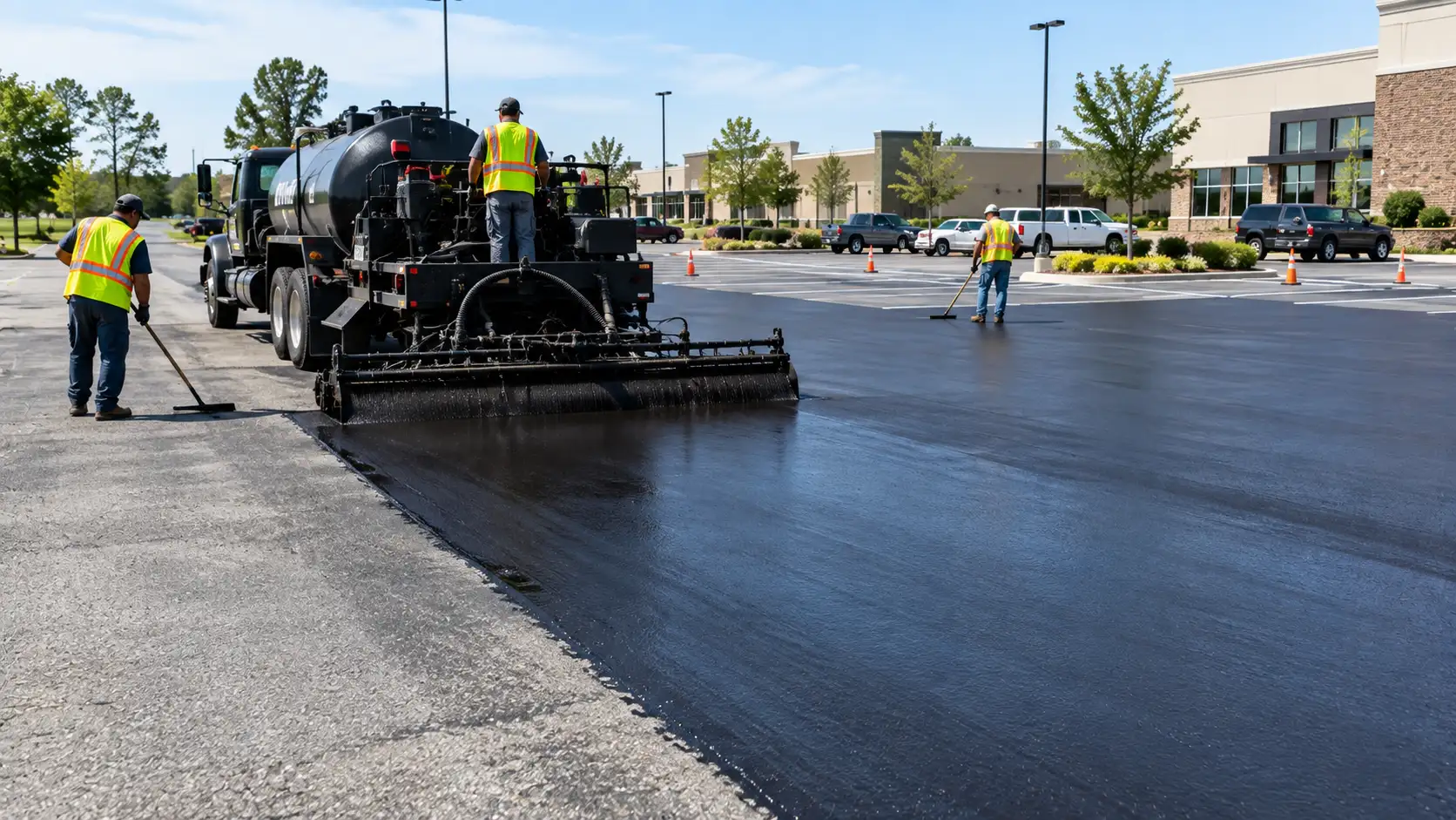 Commercial parking lot sealcoating — fresh sealcoat application on large asphalt parking area with line striping work