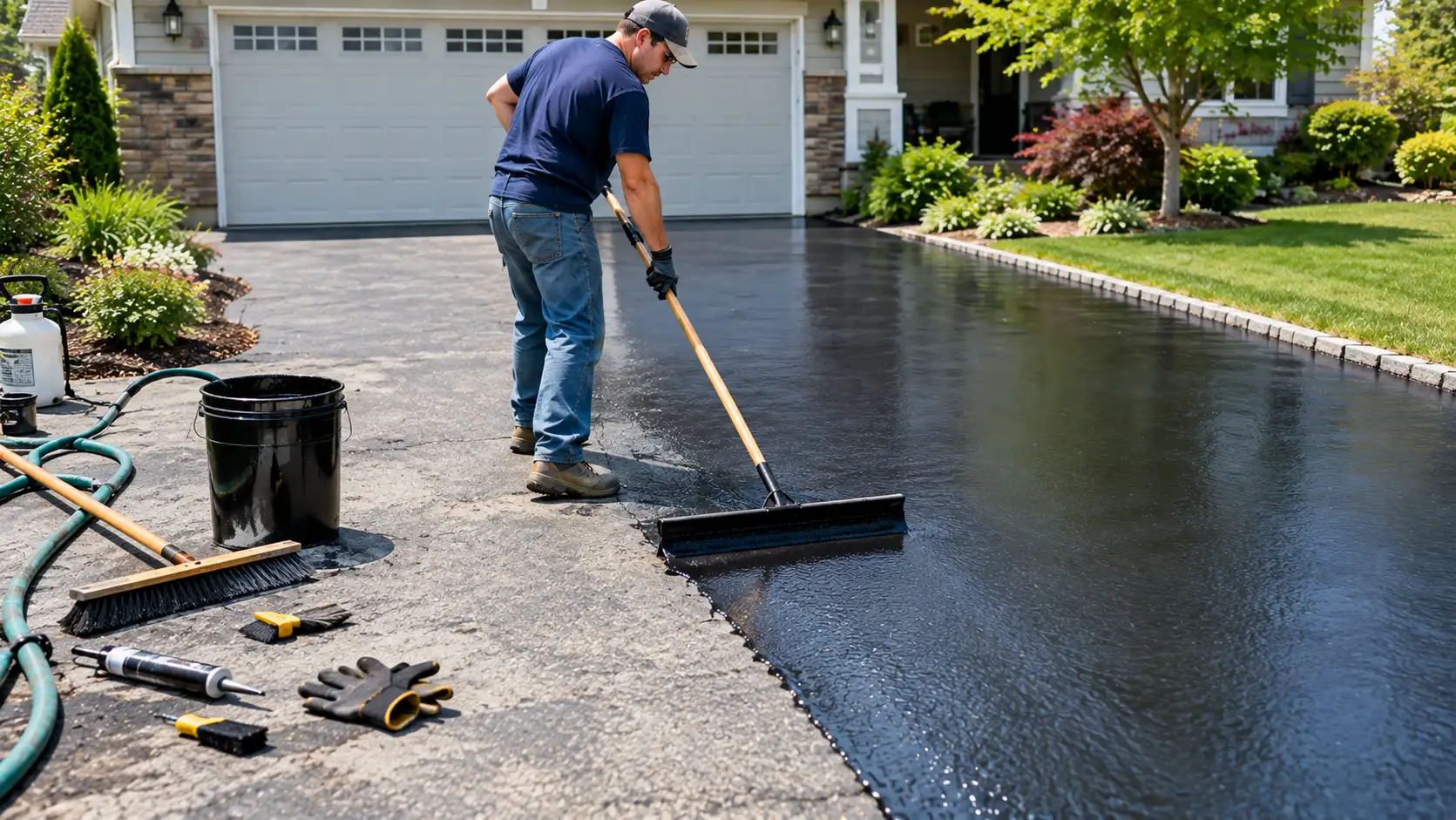DIY asphalt driveway sealcoating — homeowner applying sealcoat with squeegee applicator on a clean residential driveway