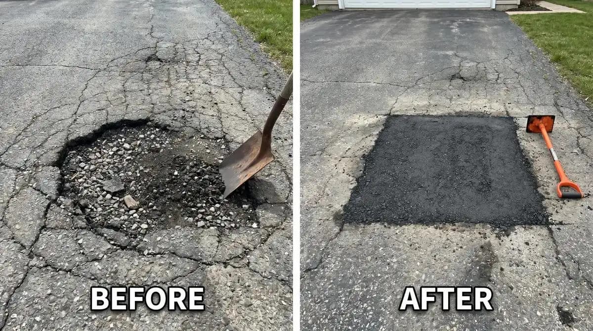 Finished asphalt driveway repair inspection — smooth patched surface ready for sealcoating