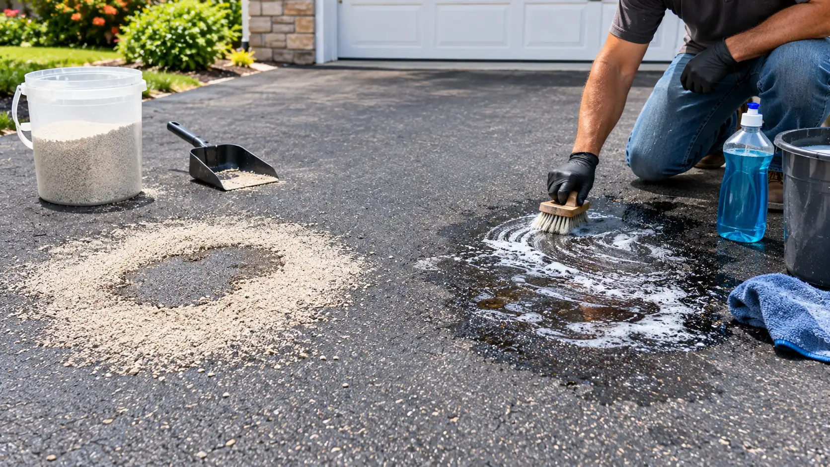 Fresh oil spill versus old set-in stain cleaning on an asphalt driveway