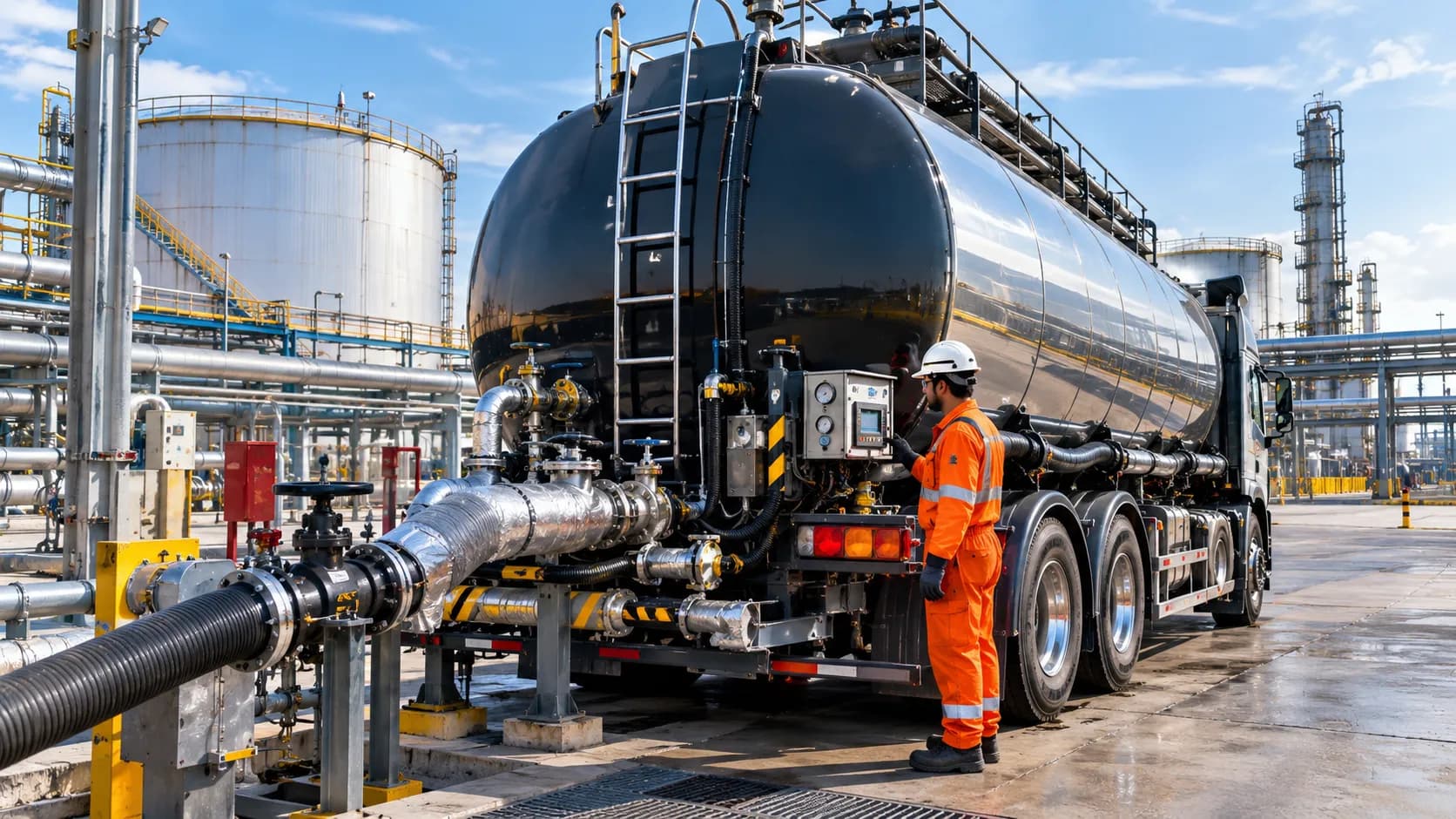 Hot bitumen inside insulated heated road tanker showing thermal oil heating system maintaining 150 to 190 degree Celsius delivery temperature