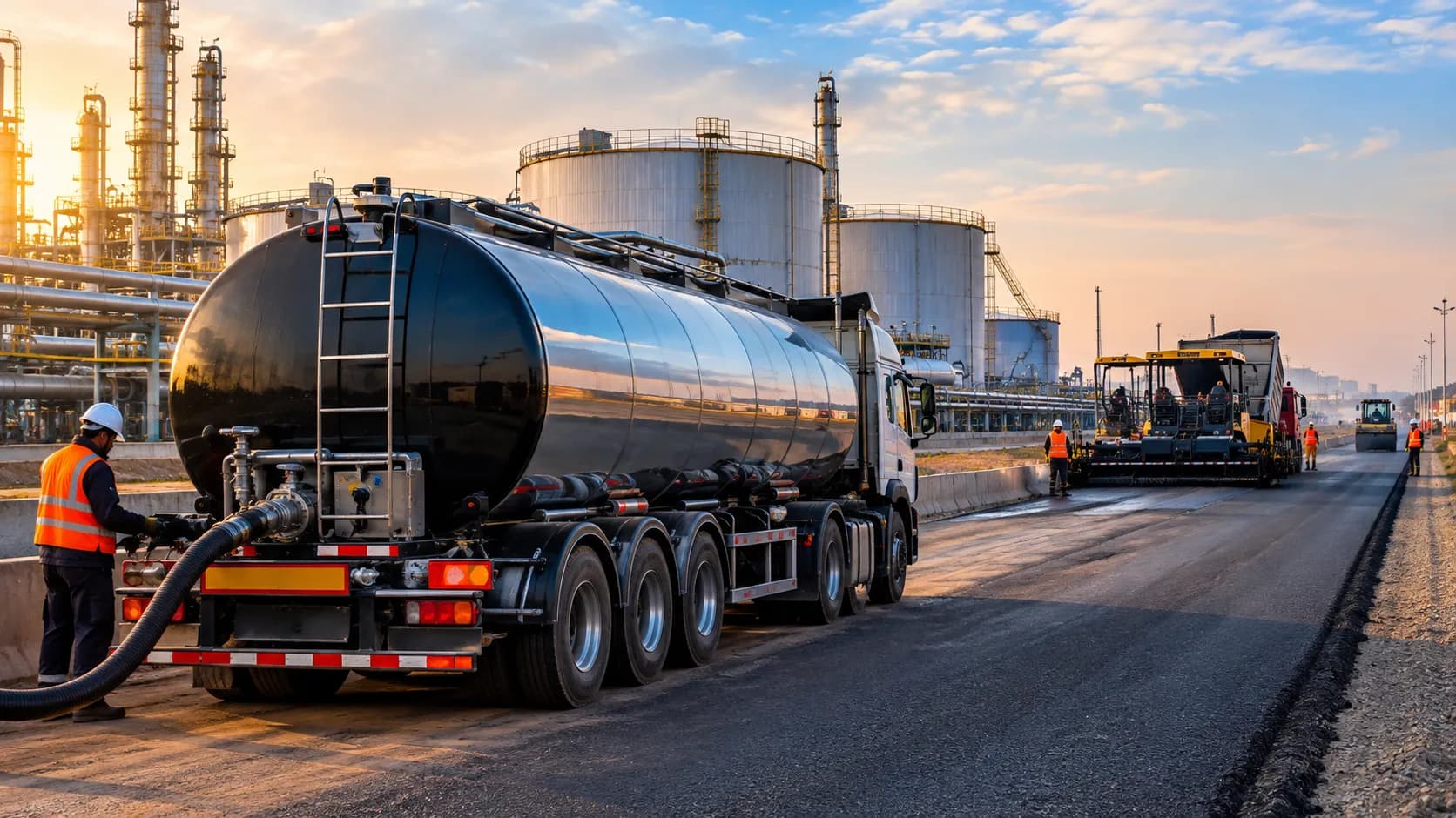 How is bitumen transported — insulated heated road tanker delivering hot liquid paving bitumen to job site
