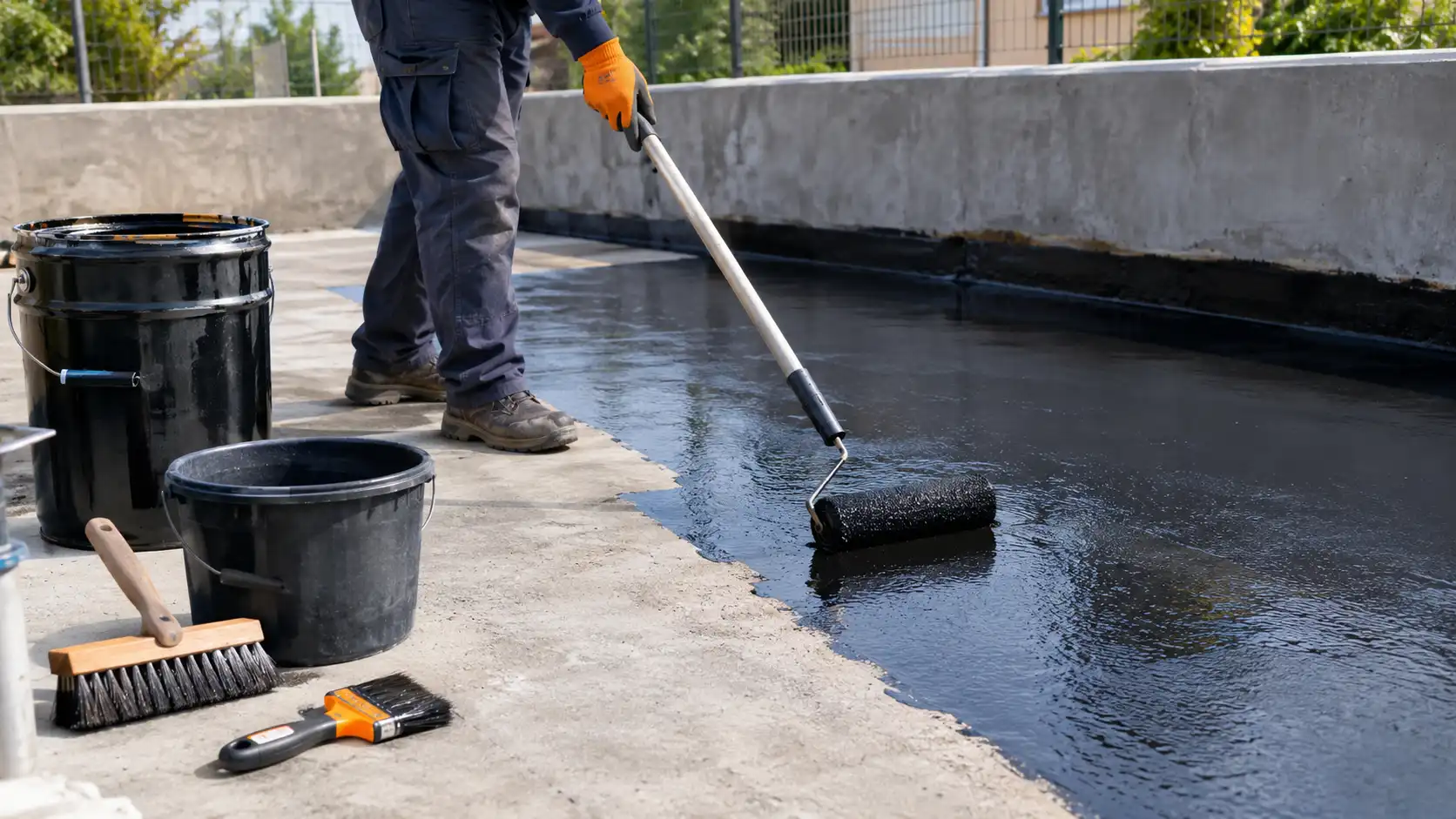 How to apply bitumen paint — step by step application guide showing brush and roller technique on prepared concrete and metal surface for waterproofing