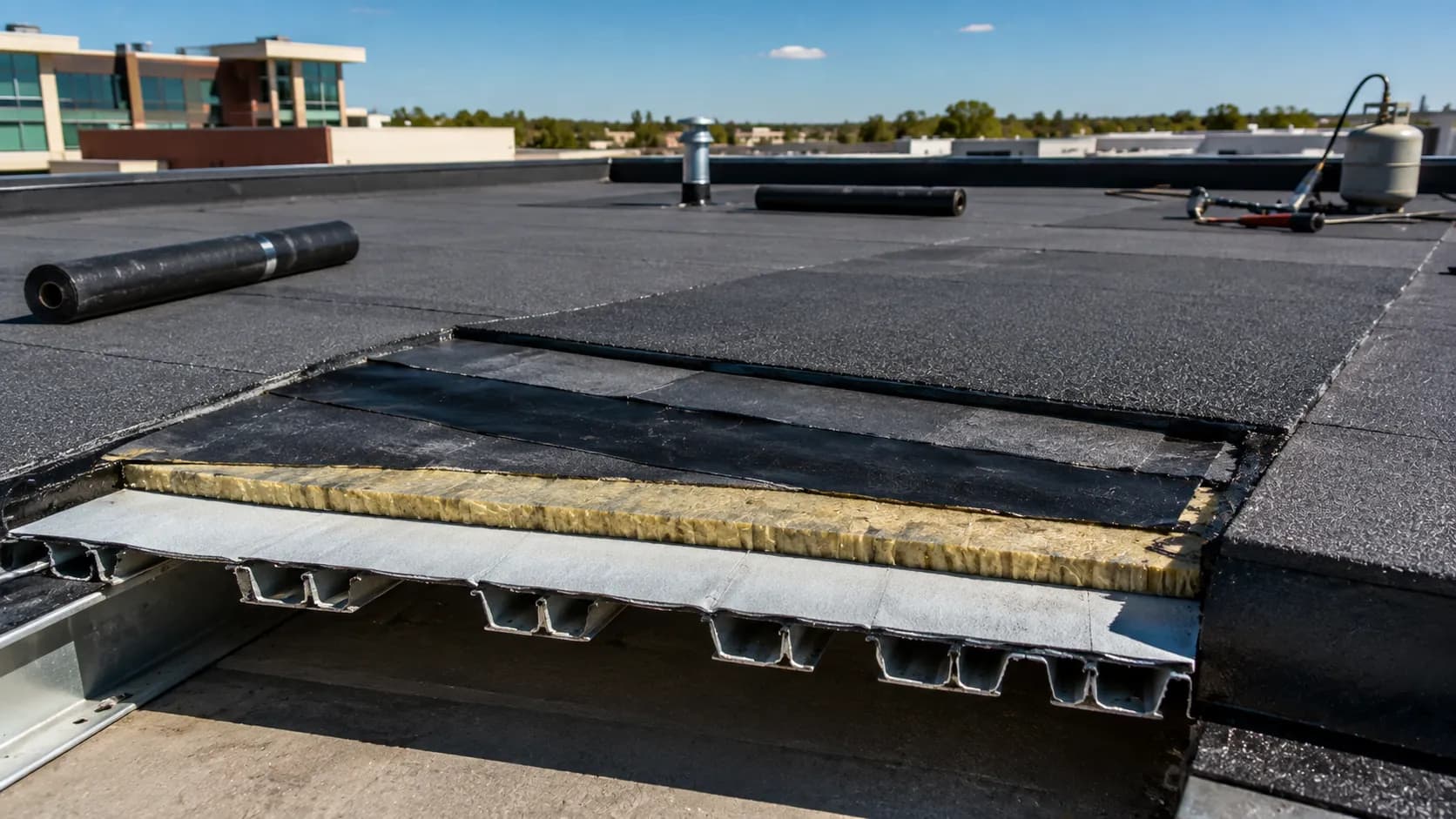 Modified bitumen roof assembly layers — roof deck, insulation, base sheet, and cap sheet