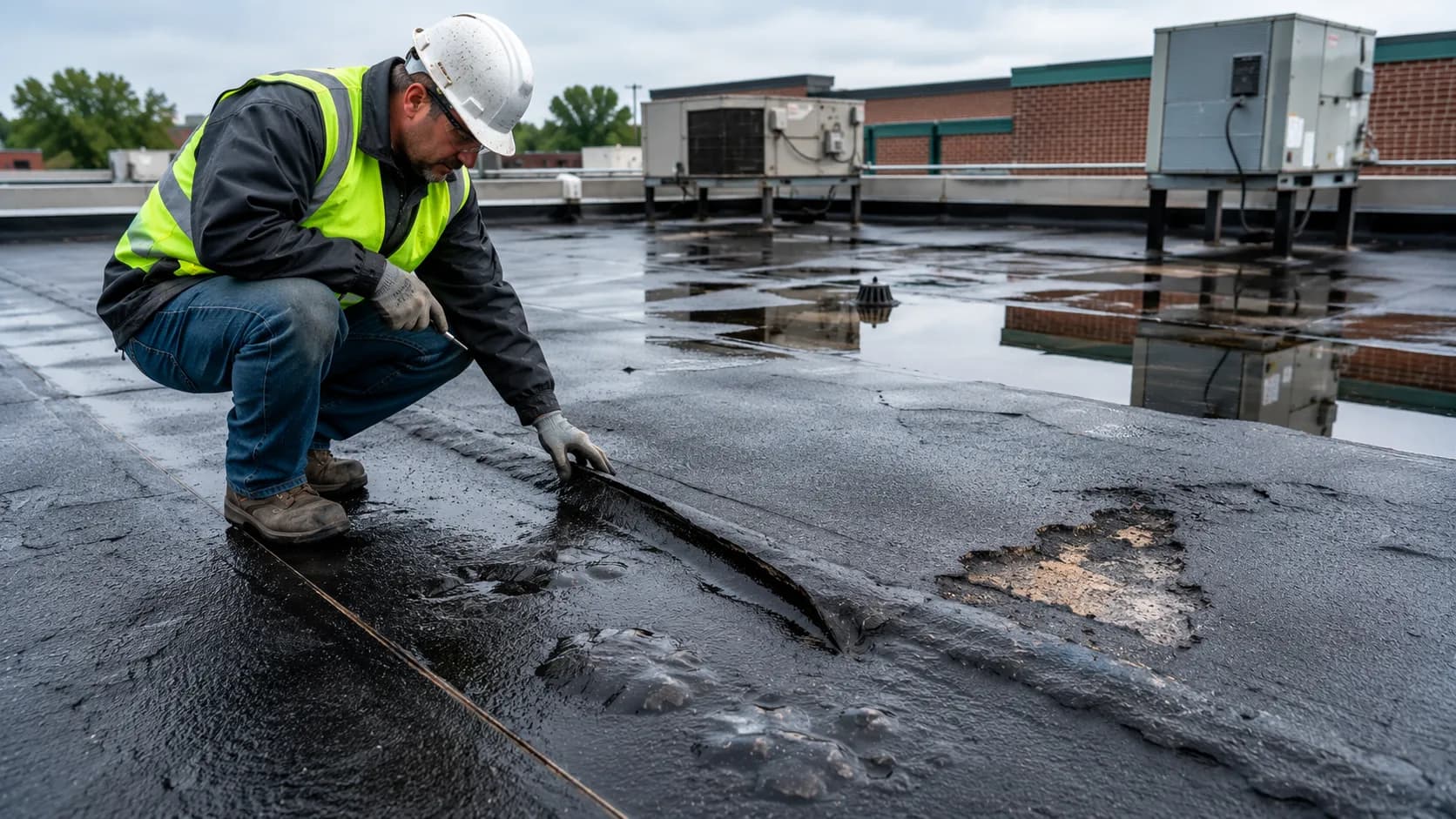 Signs of modified bitumen roof damage needing repair — cracking, blistering, and seam separation